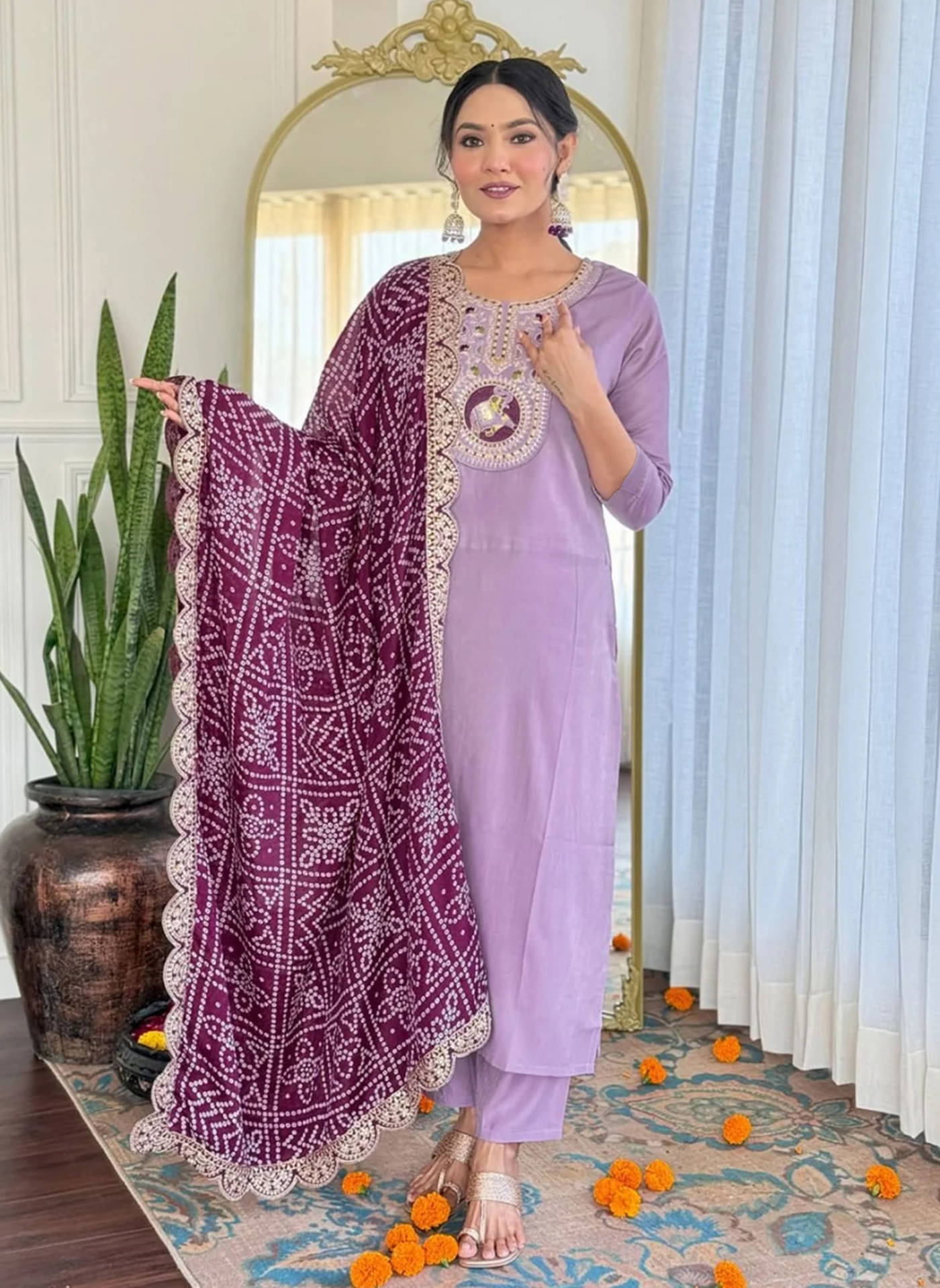     			kedar fab Women Cotton Blend Embroidered Straight Kurti With Pants ( Lavender )