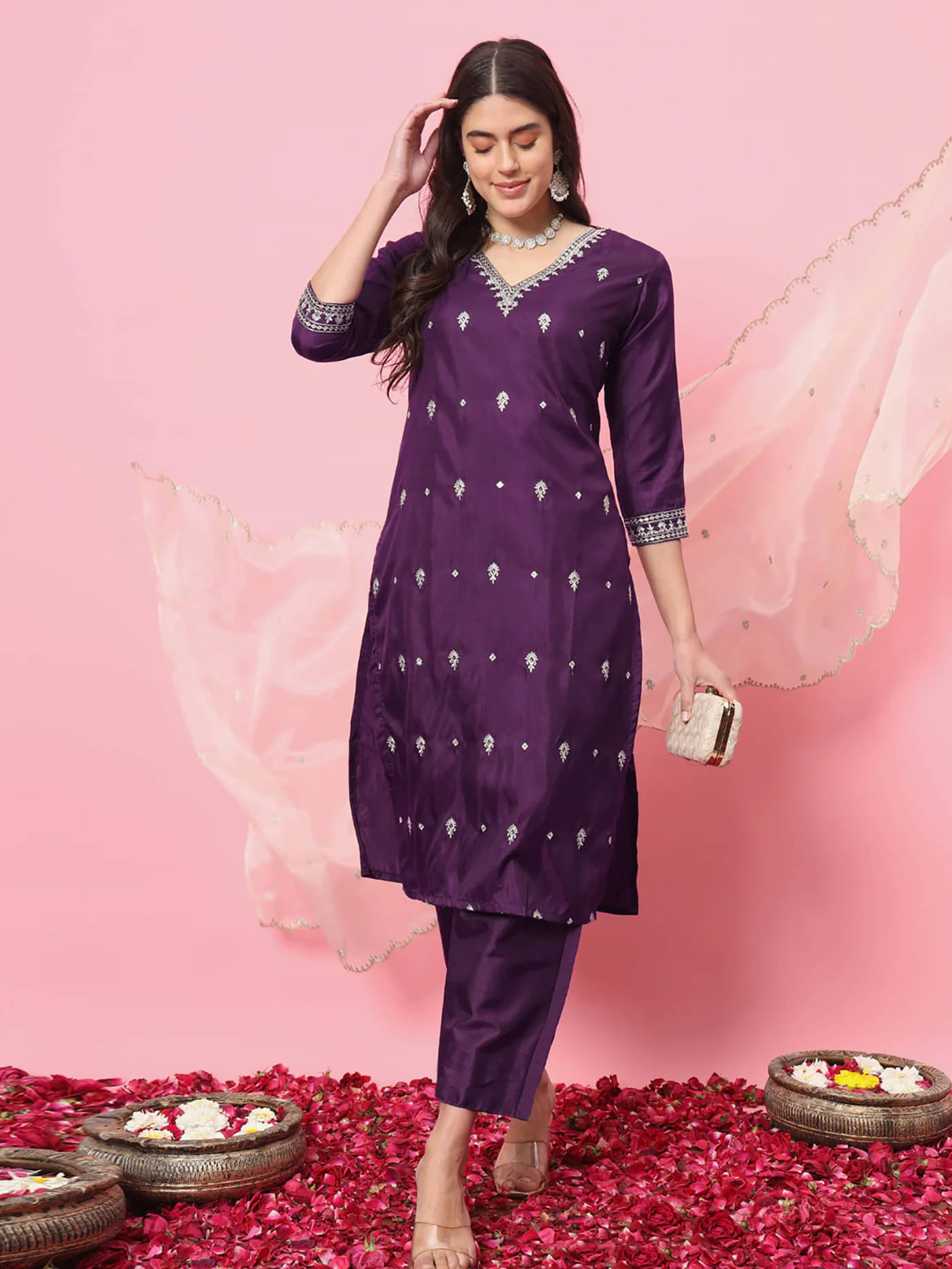 kedar fab Women Cotton Blend Embroidered Straight Kurti With Pants ( Purple ) kedar fab Women Cotton Blend Embroidered Straight Kurti With Pants ( Purple )