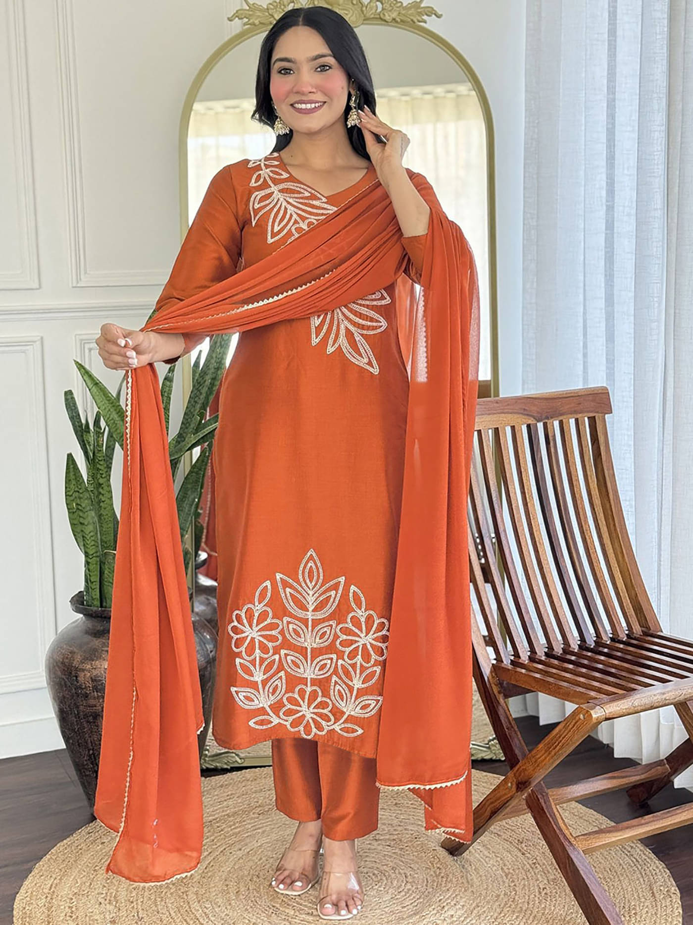     			kedar fab Women Cotton Blend Embroidered Straight Kurti With Pants ( Orange )
