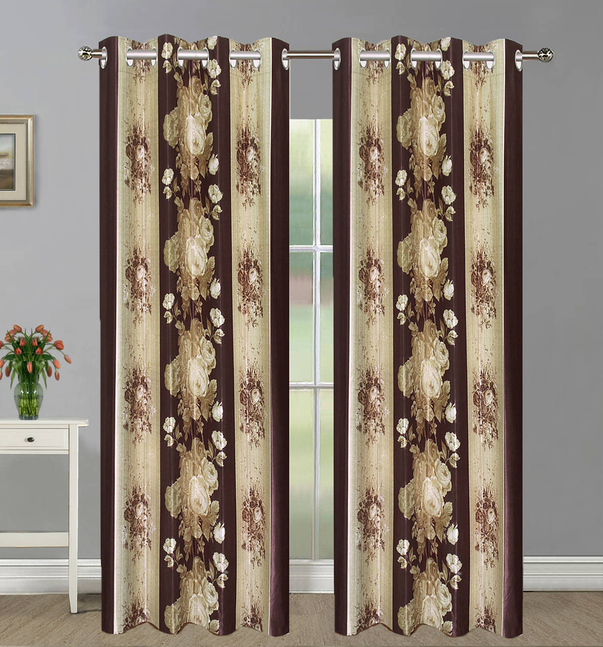     			Home Candy Set of 2 Door Semi-Transparent Eyelet Polyester Brown Curtains ( 213 x 120 cm )