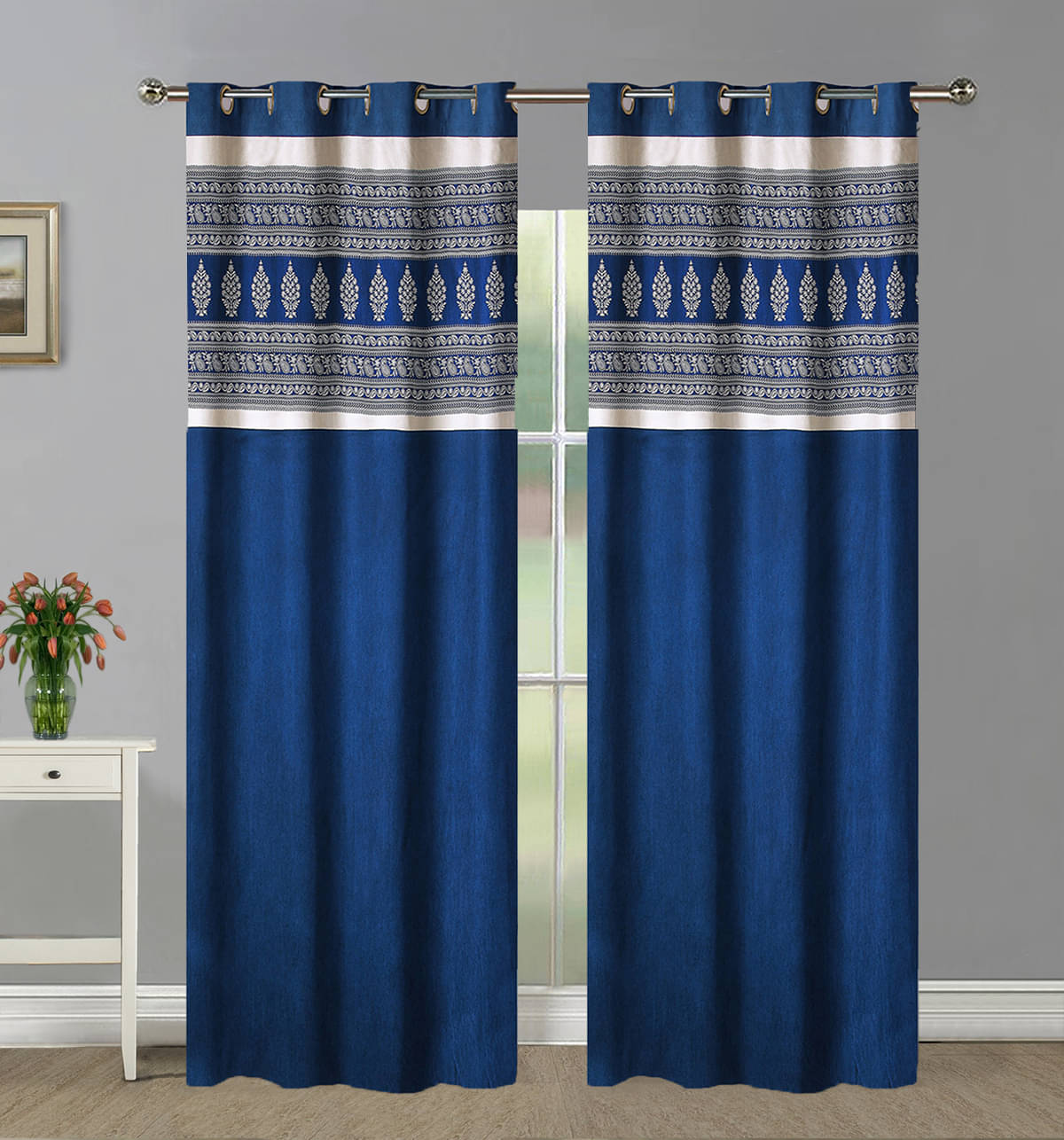     			Home Candy Set of 2 Long Door Semi-Transparent Eyelet Polyester Blue Curtains ( 274 x 120 cm )