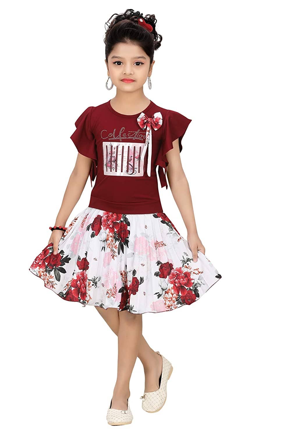 Cherry Tree Girls Cotton Blend Top With Skirt ( Red )
