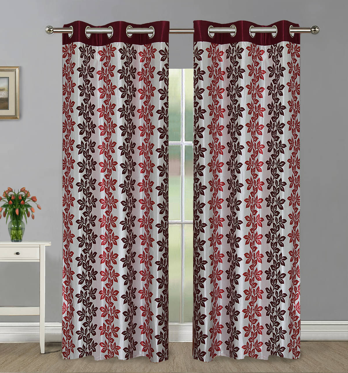     			Home Candy Set of 2 Door Semi-Transparent Eyelet Polyester Maroon Curtains ( 213 x 120 cm )