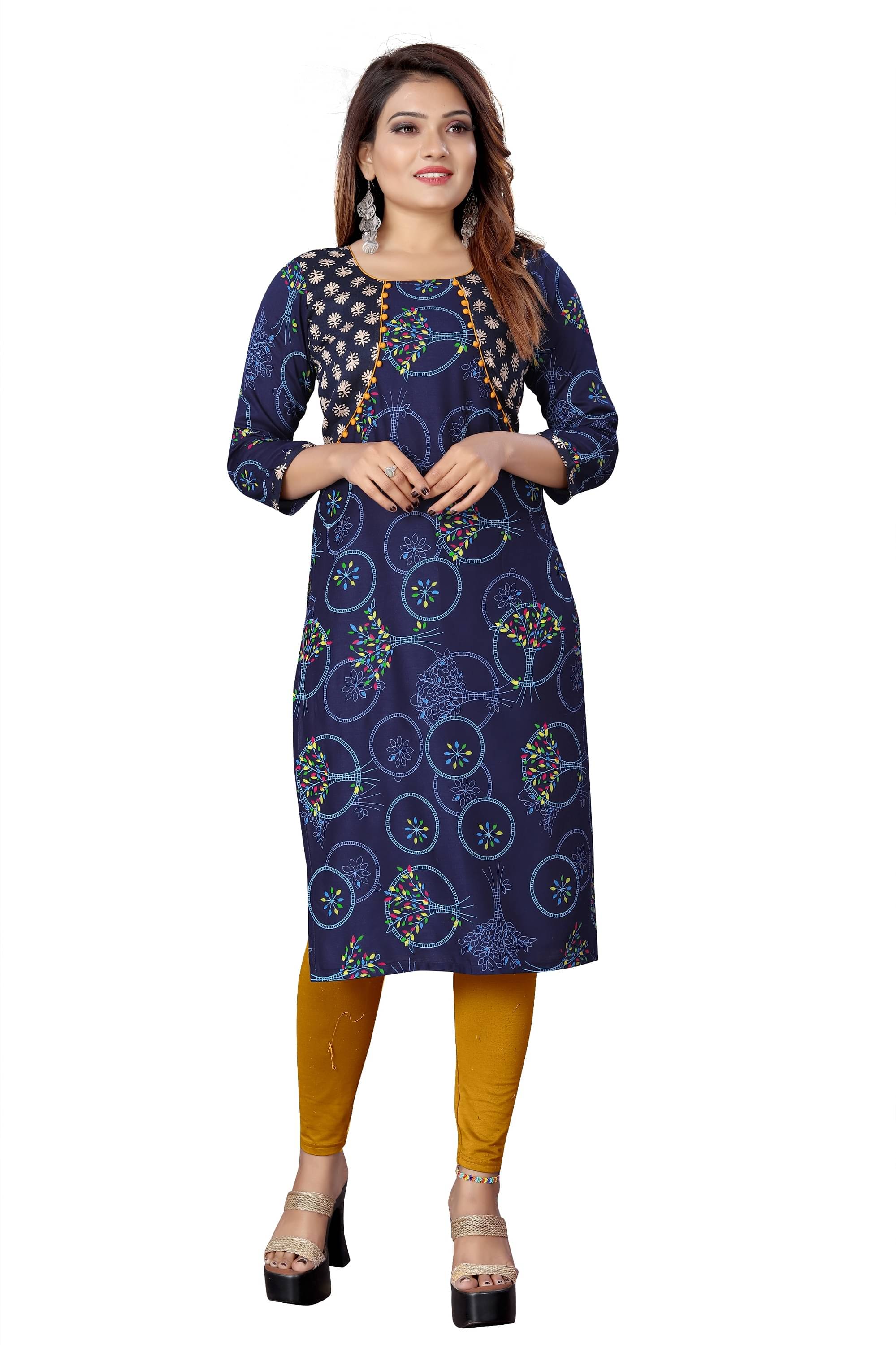     			MEESORRA Navy Rayon Straight Kurti - Single
