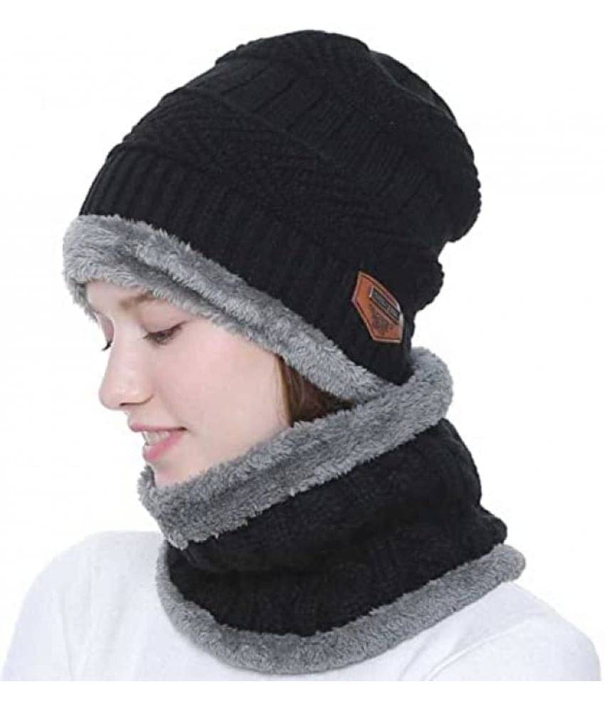     			Total Health Women's Black Woollen Beanie Cap For Winter ( Pack Of 1 )