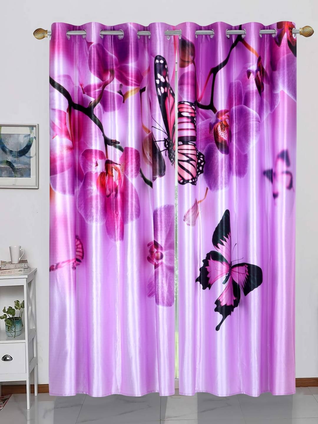     			BELLA TRUE - Set of 2 Door Digital Printed Semi-Transparent Eyelet Polyester Pink Curtains ( 212 x 120 cm )