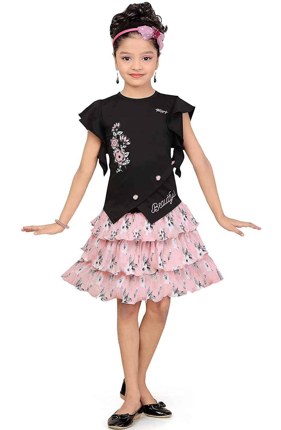     			Cherry Tree Girls Cotton Blend Top With Skirt ( Pink )