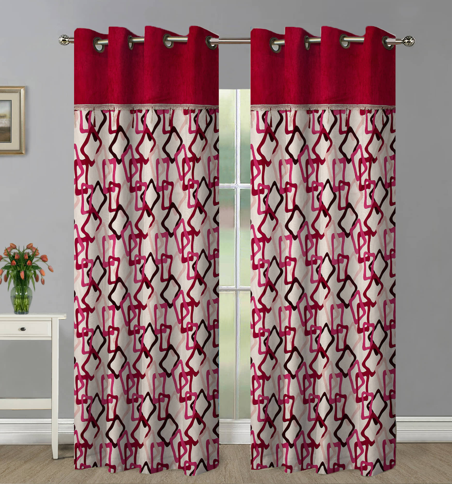 Home Candy Set of 2 Door Semi-Transparent Eyelet Polyester Maroon Curtains ( 213 x 120 cm )