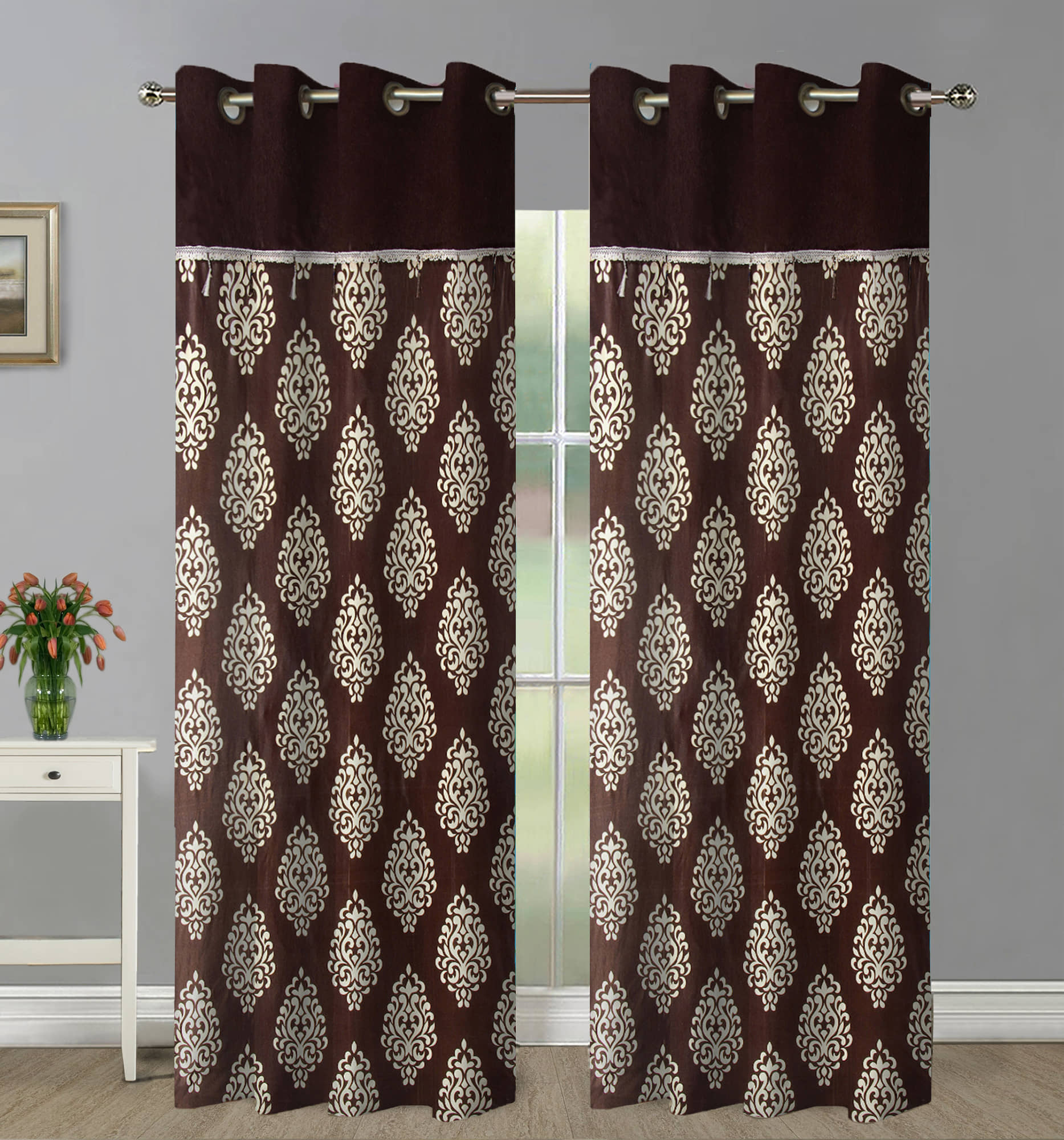Home Candy Set of 2 Door Semi-Transparent Eyelet Polyester Brown Curtains ( 213 x 120 cm )