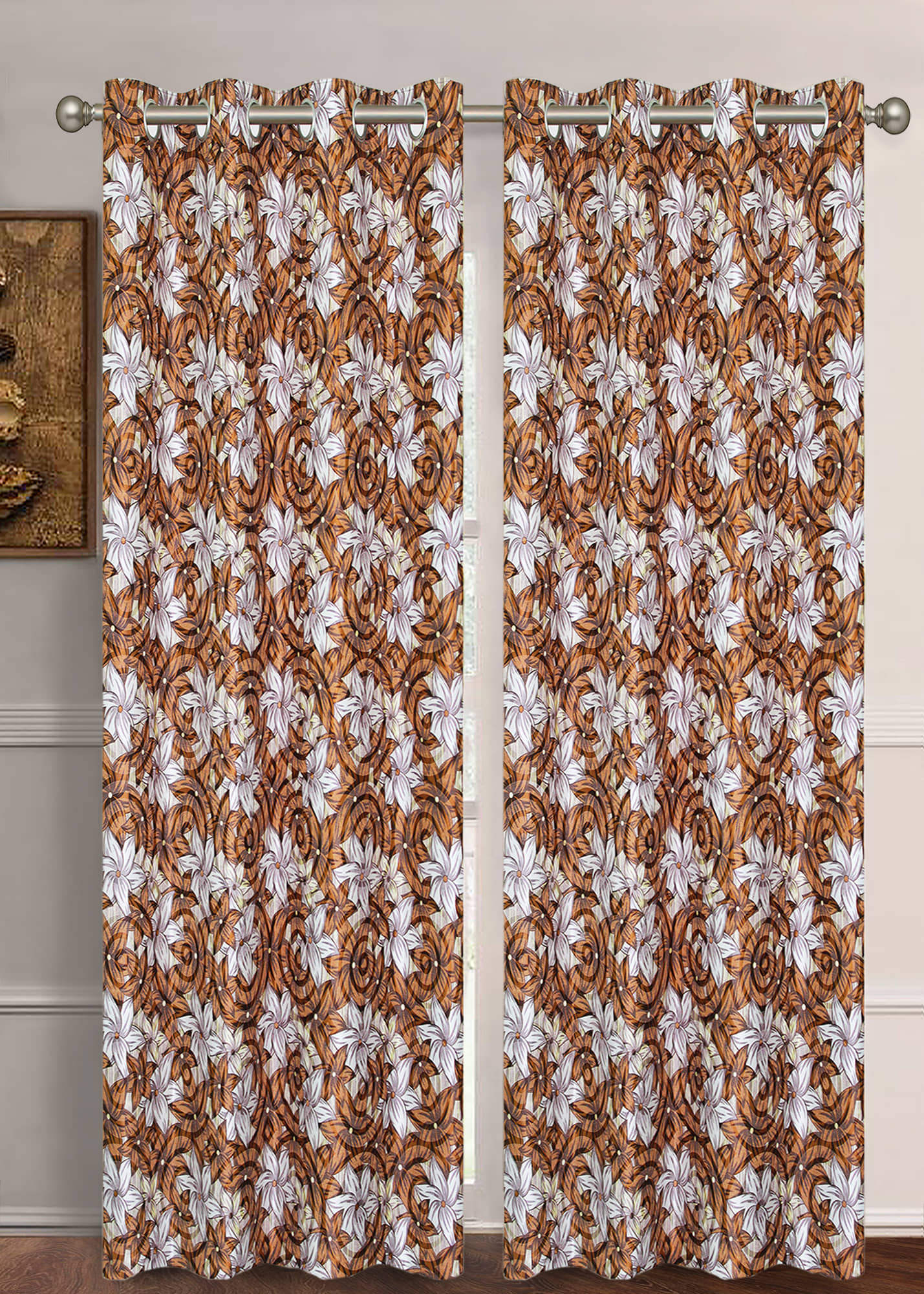 Home Candy Set of 2 Long Door Semi-Transparent Eyelet Polyester Brown Curtains ( 274 x 120 cm )