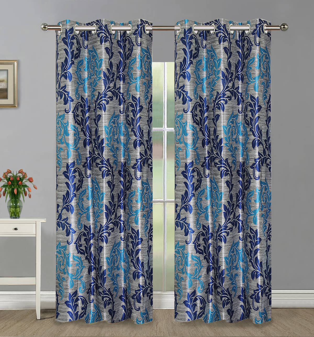     			Home Candy Set of 2 Long Door Semi-Transparent Eyelet Polyester Blue Curtains ( 274 x 120 cm )