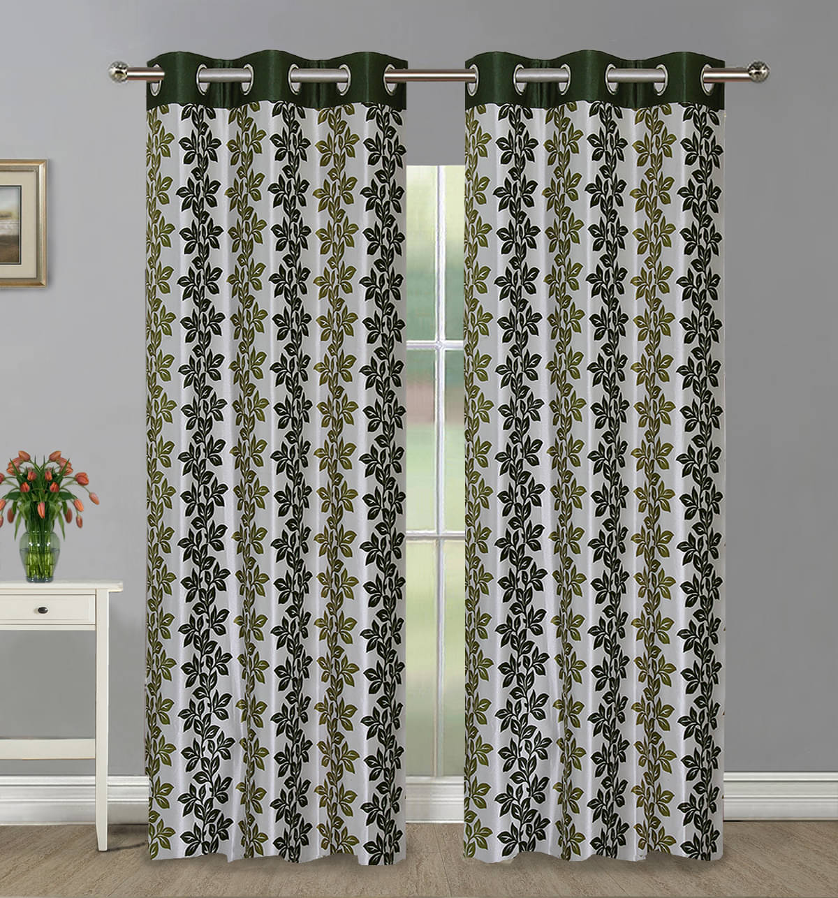     			Home Candy Set of 2 Long Door Semi-Transparent Eyelet Polyester Green Curtains ( 274 x 120 cm )