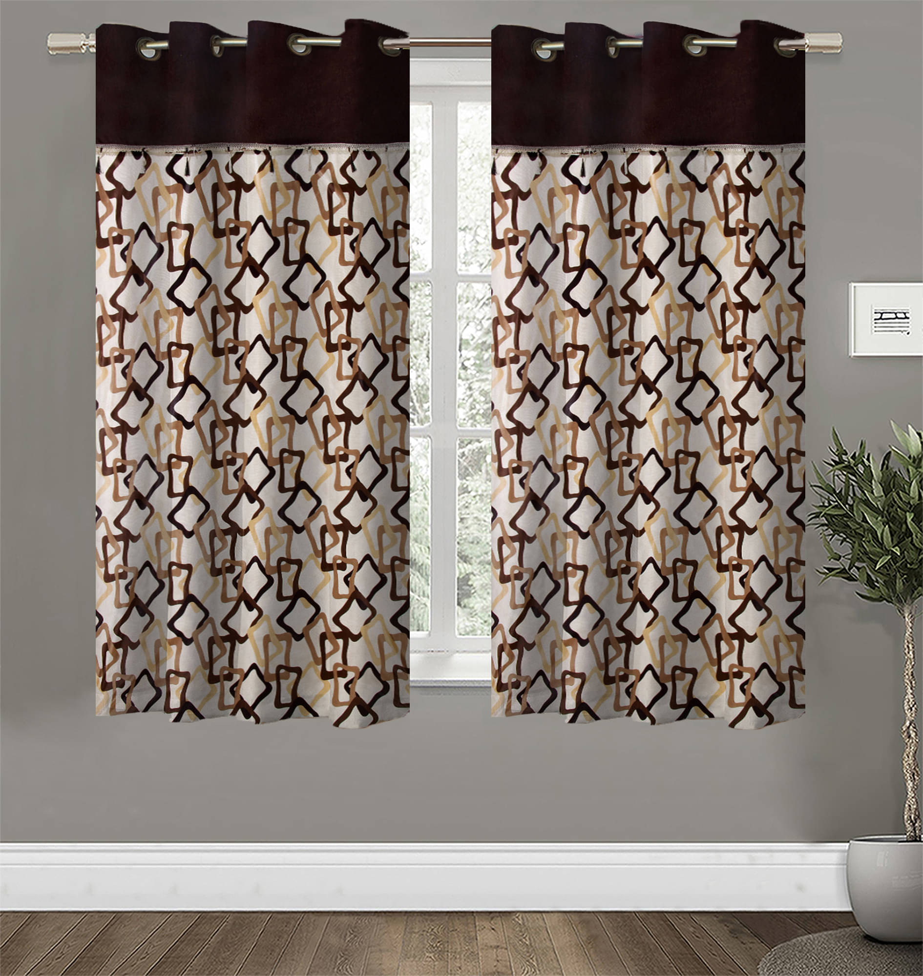     			Home Candy Set of 2 Window Semi-Transparent Eyelet Polyester Brown Curtains ( 152 x 120 cm )