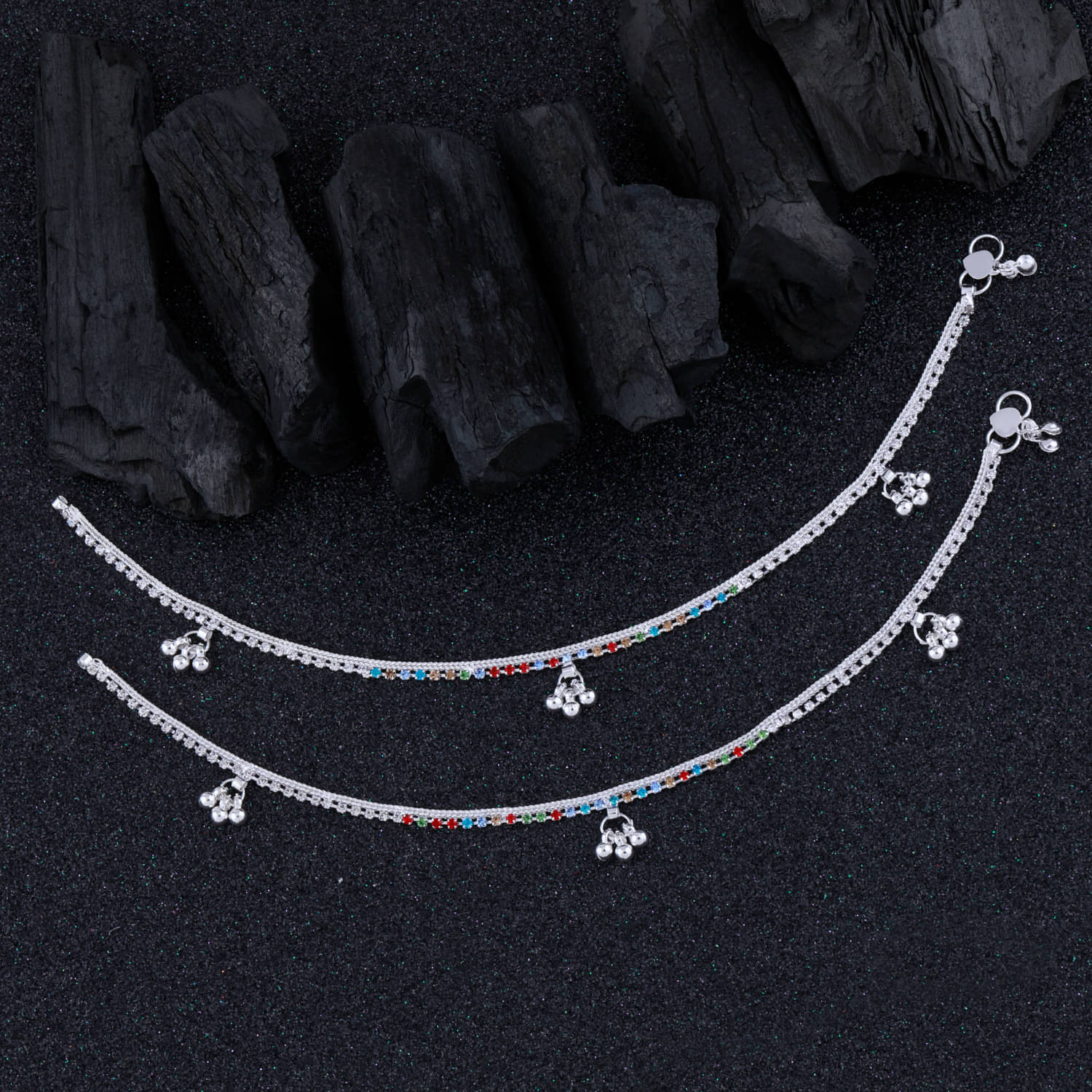     			Paola Silver Plated Multi Color Diamond Ghungroo Payal  Anklet for Women And Girl.
