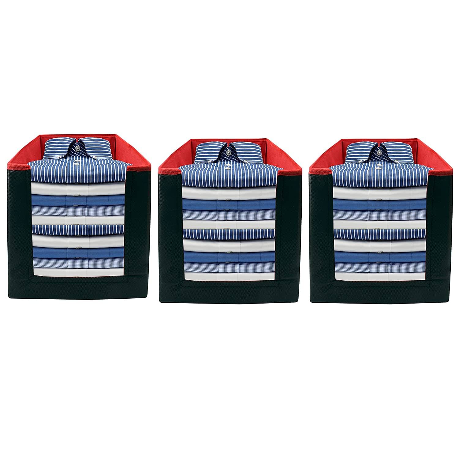 SH. NASIMA Foldable Non Woven Shirt Stacker Wardrobe Organizer With Side Handle (Pack of 3 Black Red)     			SH. NASIMA Foldable Non Woven Shirt Stacker Wardrobe Organizer With Side Handle (Pack of 3 Black Red)