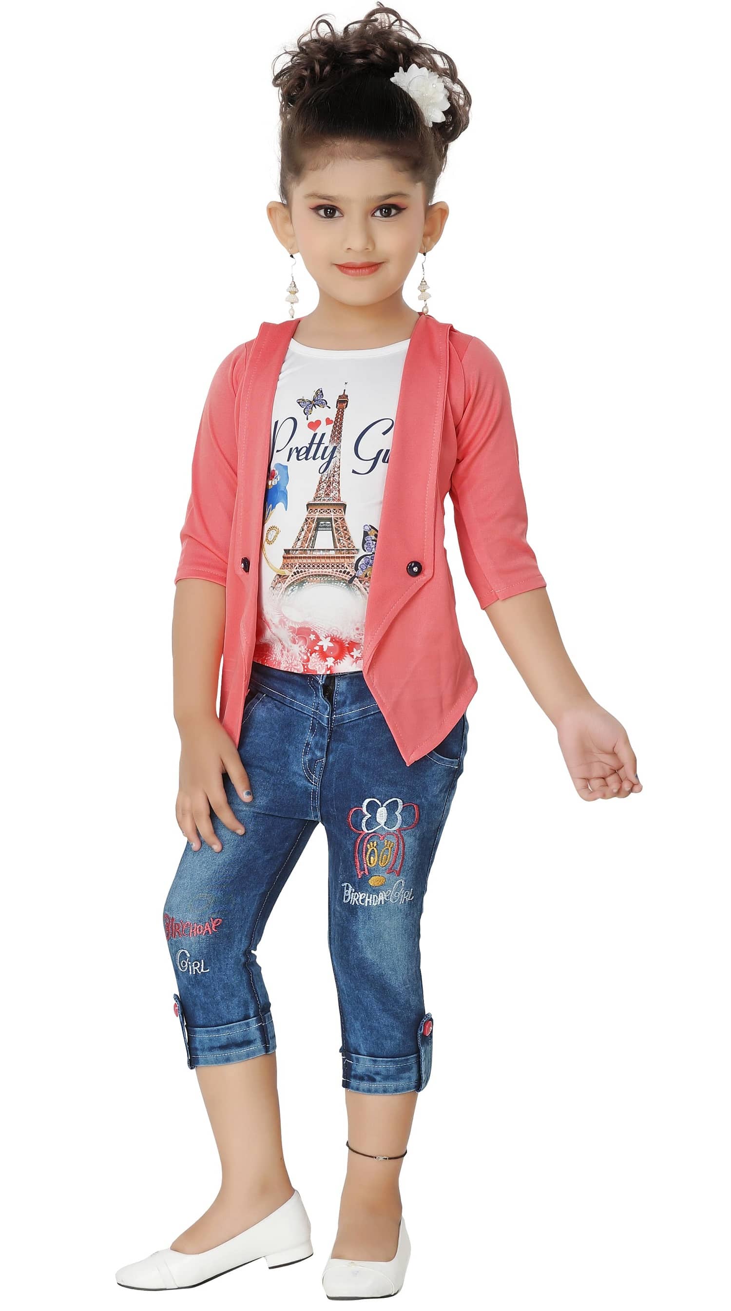 Cherry Tree Girls Denim Top With Capri ( Red )