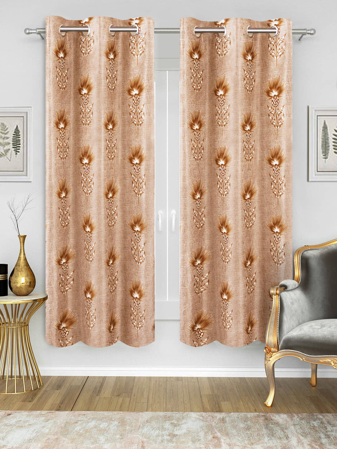 Home Candy Set of 2 Long Door Semi-Transparent Eyelet Polyester Brown Curtains ( 274 x 120 cm )