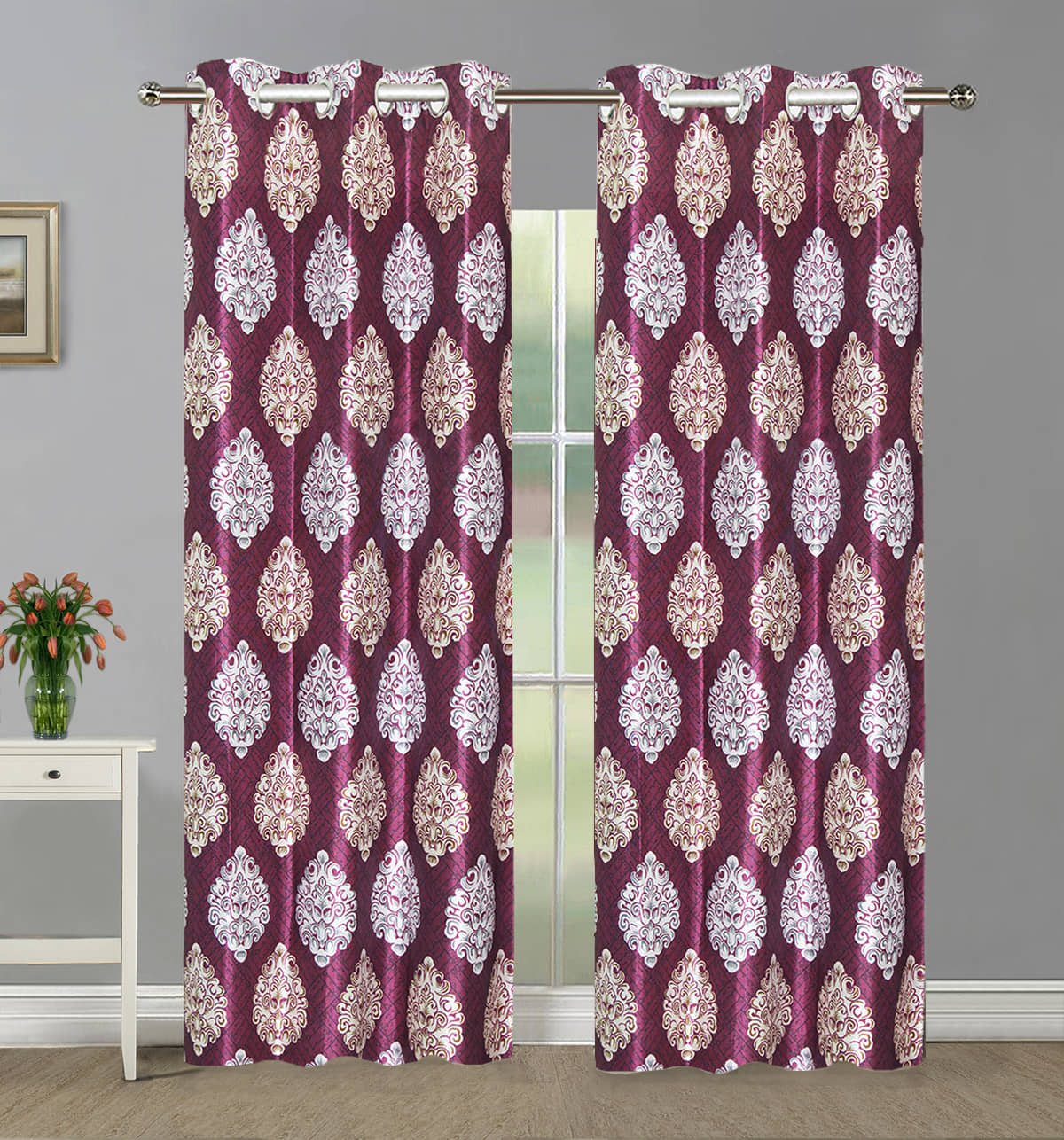 Home Candy Set of 2 Door Semi-Transparent Eyelet Polyester Wine Curtains ( 213 x 120 cm )