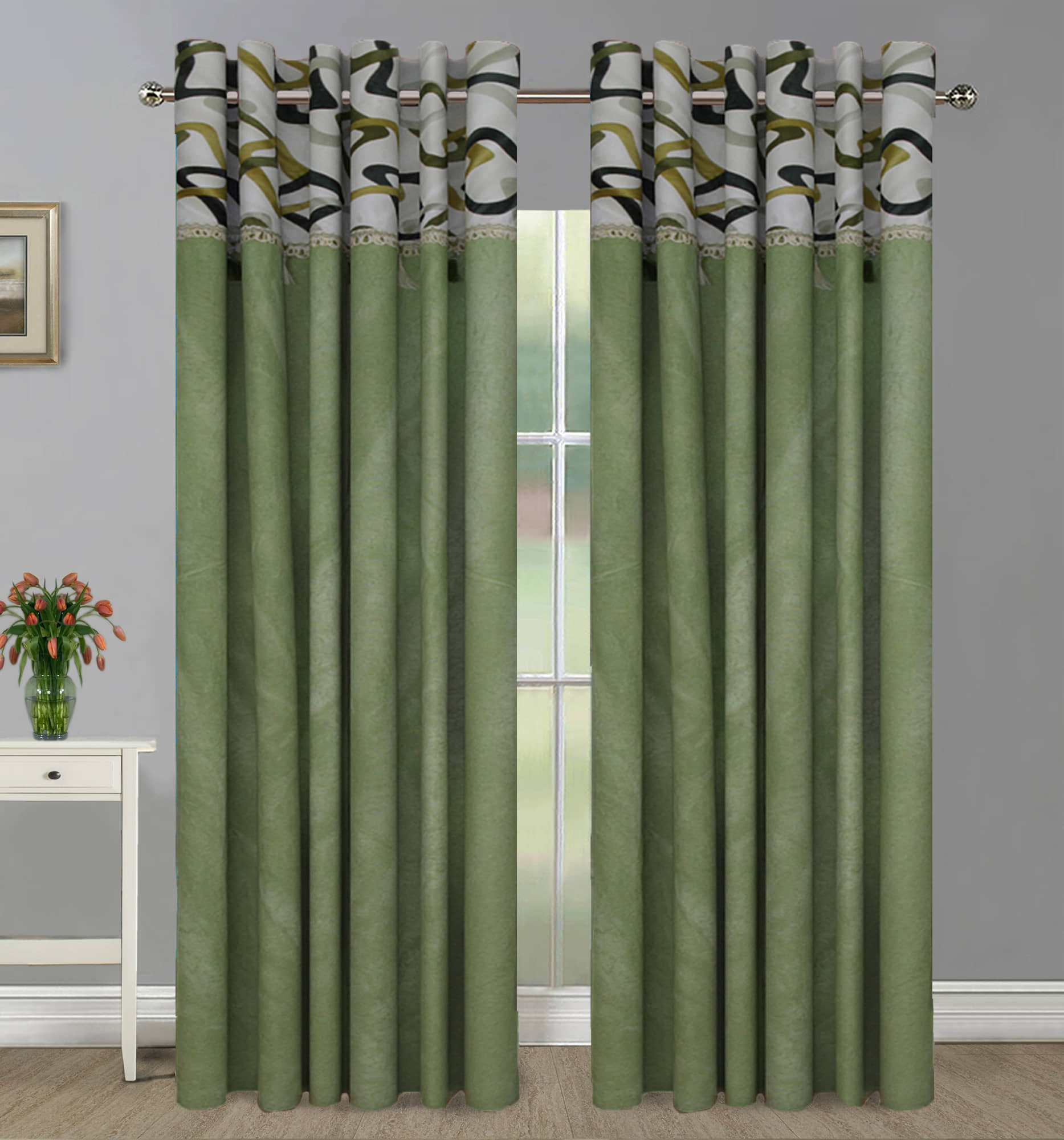 Home Candy Set of 2 Long Door Semi-Transparent Eyelet Polyester Green Curtains ( 274 x 120 cm )