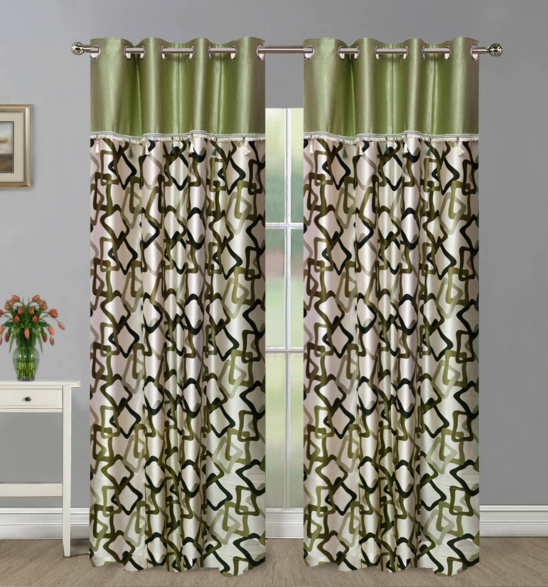     			Home Candy Set of 2 Long Door Semi-Transparent Eyelet Polyester Green Curtains ( 274 x 120 cm )