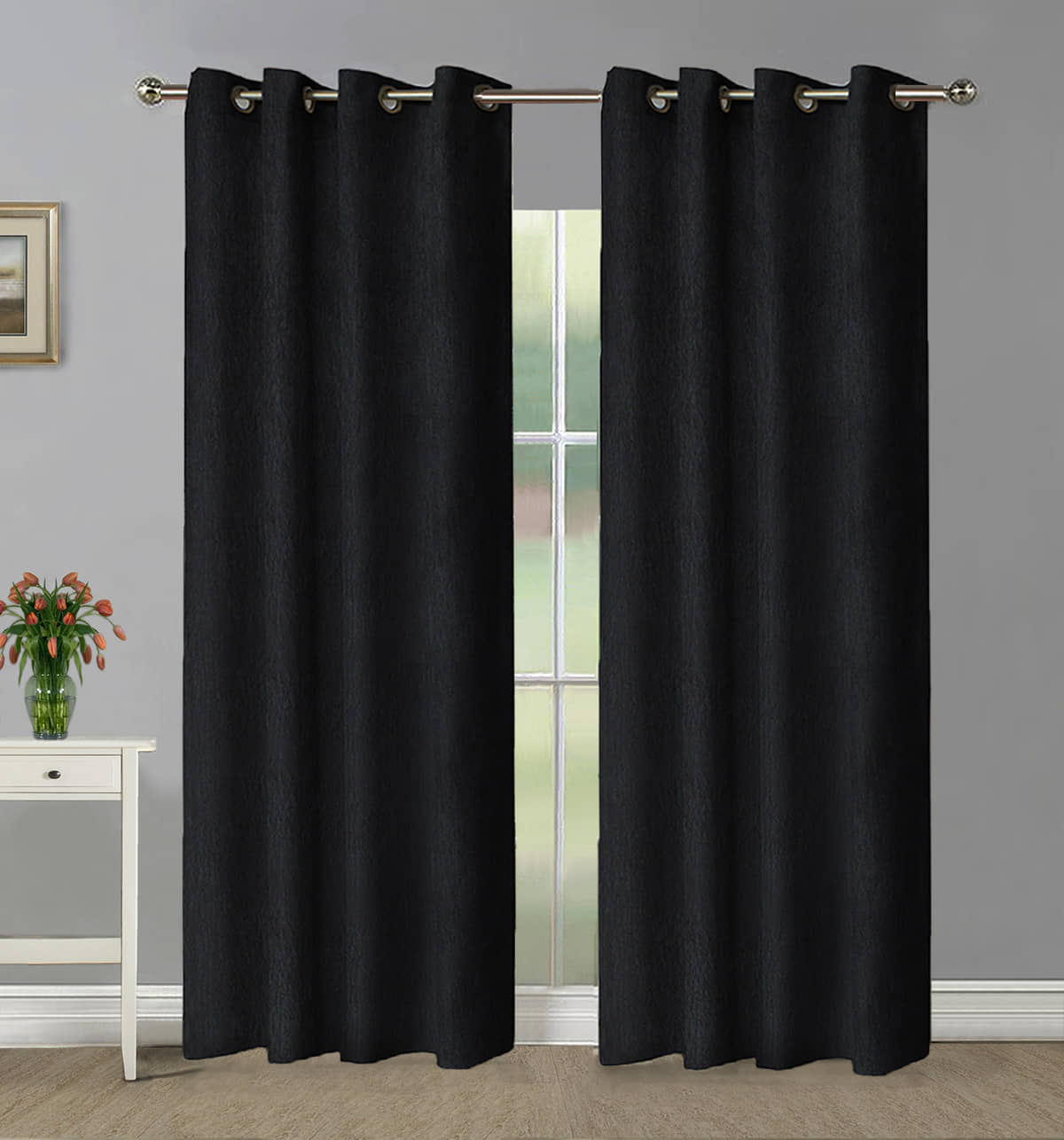 Home Candy Set of 2 Long Door Blackout Room Darkening Eyelet Polyester Black Curtains ( 274 x 120 cm )