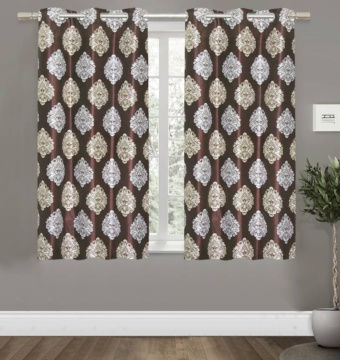    			Home Candy Set of 2 Window Semi-Transparent Eyelet Polyester Brown Curtains ( 152 x 120 cm )