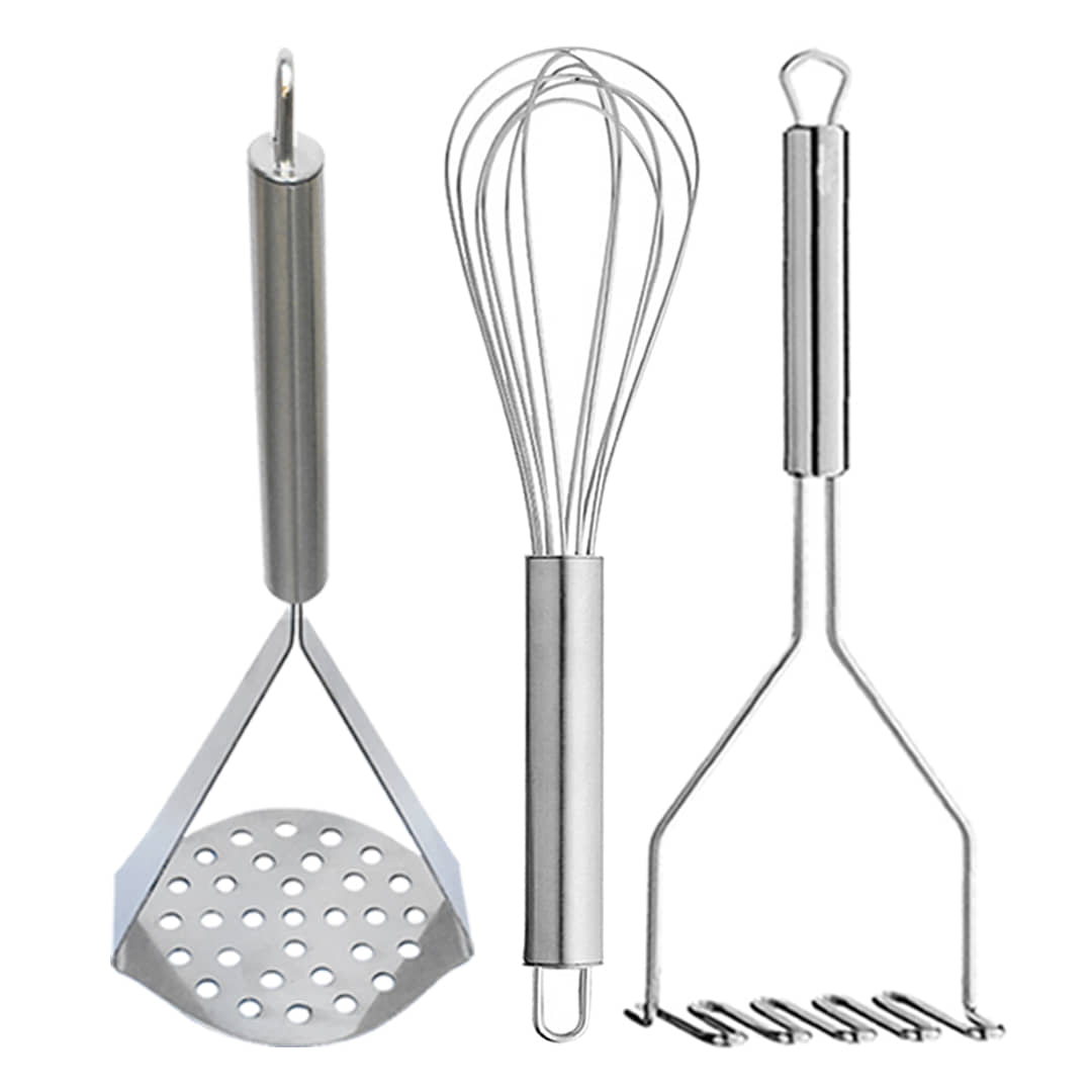JISUN Stainless Steel Egg Whisk, Beater, Whisker & 2 Vegetable Masher / Pav Bhaji Masher / Potato Masher Silver Kitchen Tool Set