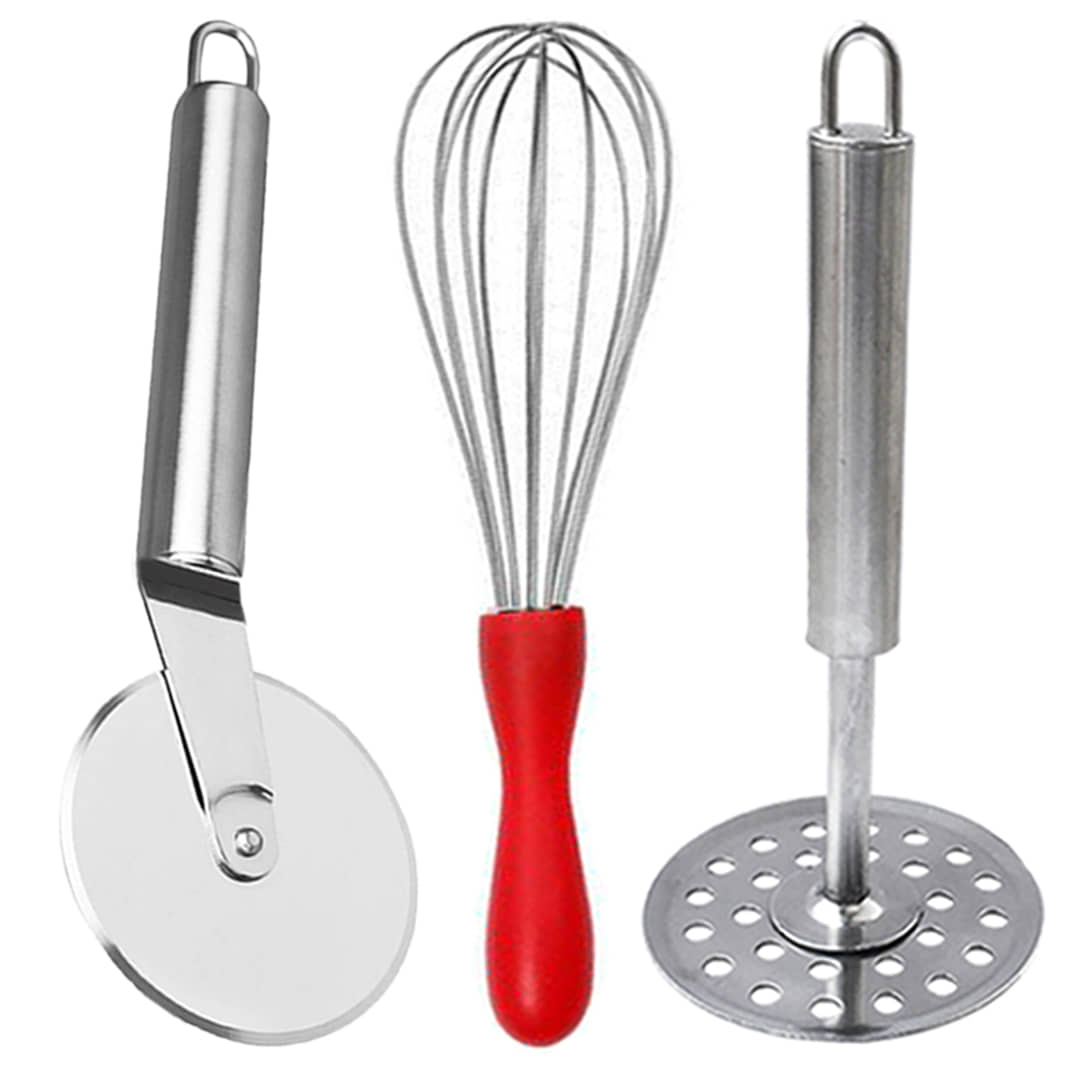 JISUN Stainless Steel Wheel Pizza Cutter & Vegetable Masher / Pav Bhaji Masher / Potato Masher & Plastic Handle Whisk, Beater, Whisker Silver Kitchen Tool Set