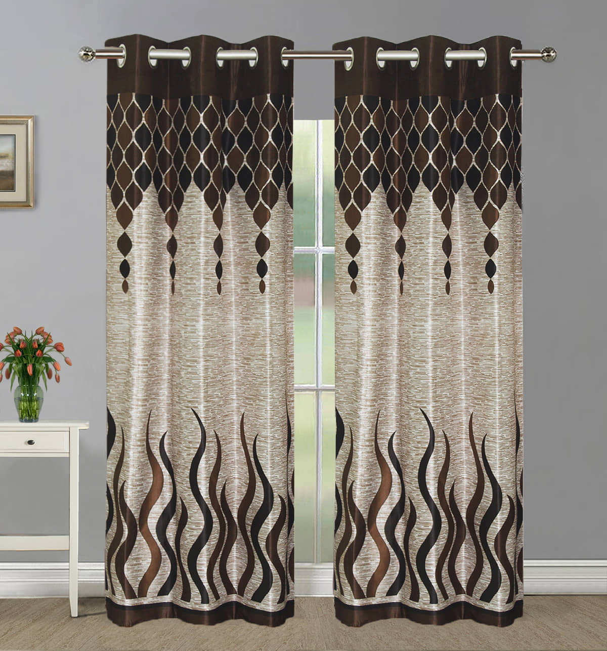 Home Candy Set of 2 Door Semi-Transparent Eyelet Polyester Brown Curtains ( 213 x 120 cm )