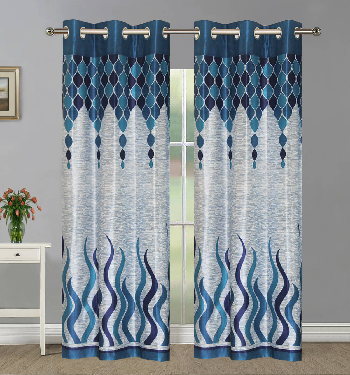     			Home Candy Set of 2 Long Door Semi-Transparent Eyelet Polyester Blue Curtains ( 274 x 120 cm )