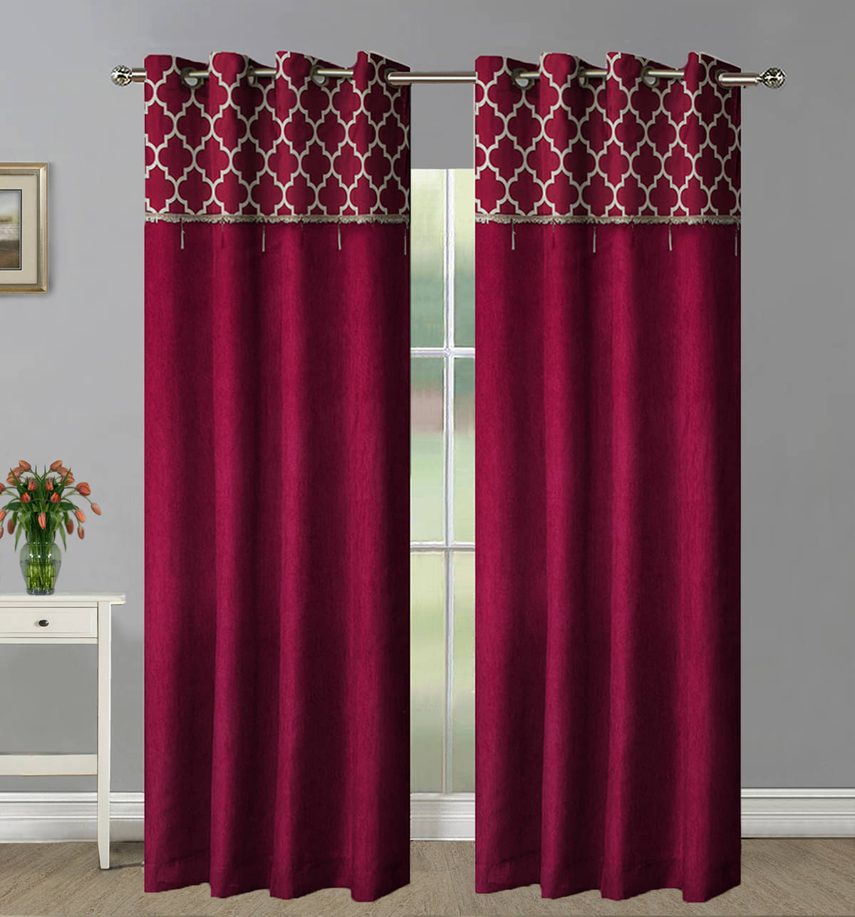    			Home Candy Set of 2 Long Door Semi-Transparent Eyelet Polyester Maroon Curtains ( 274 x 120 cm )