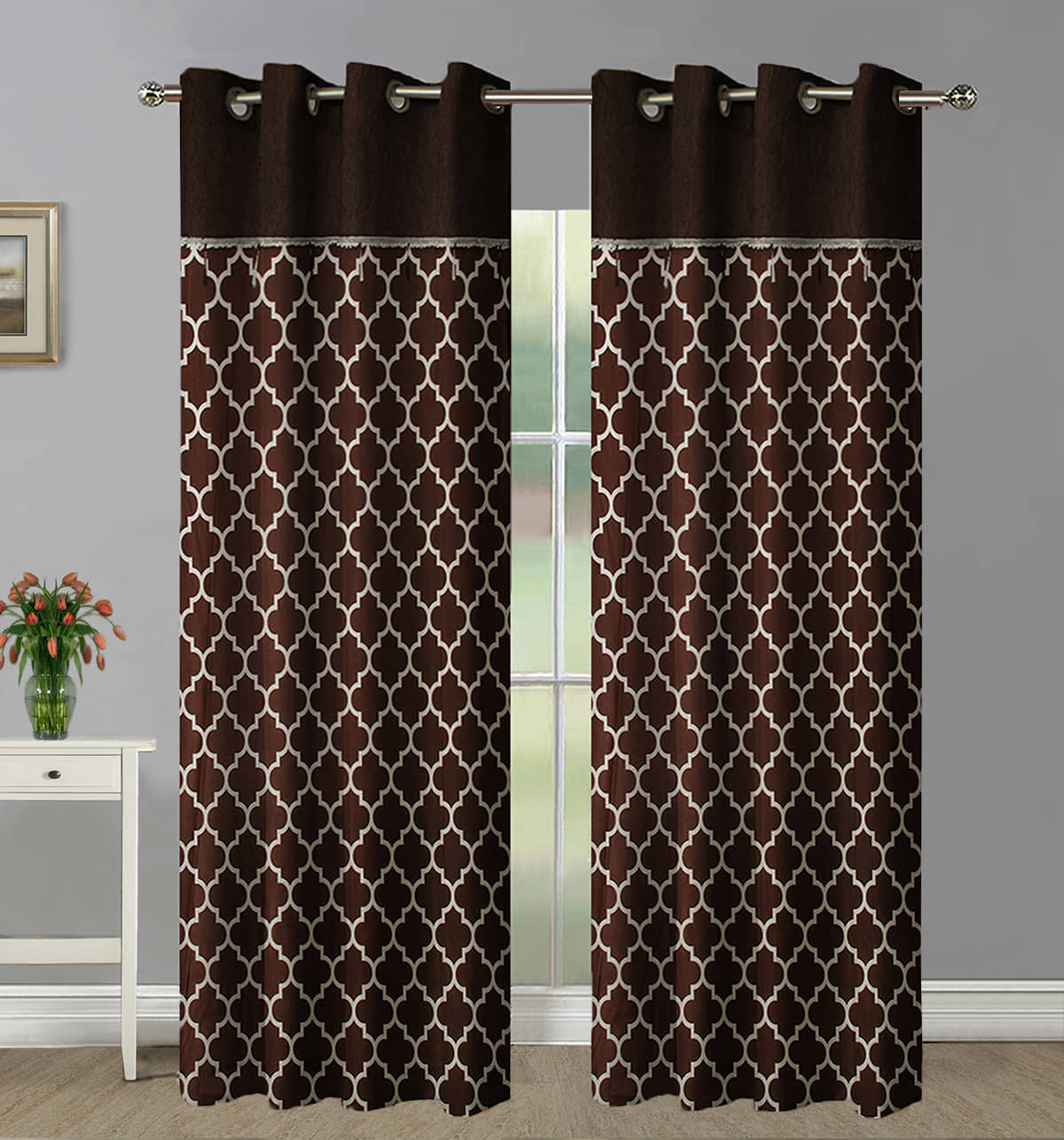 Home Candy Set of 2 Long Door Semi-Transparent Eyelet Polyester Brown Curtains ( 274 x 120 cm )