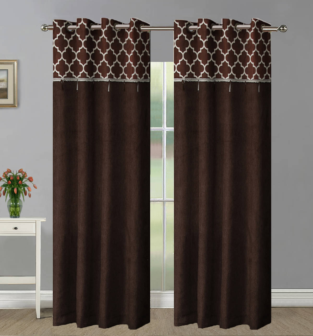 Home Candy Set of 2 Long Door Semi-Transparent Eyelet Polyester Brown Curtains ( 274 x 120 cm ) Home Candy Set of 2 Long Door Semi-Transparent Eyelet Polyester Brown Curtains ( 274 x 120 cm )