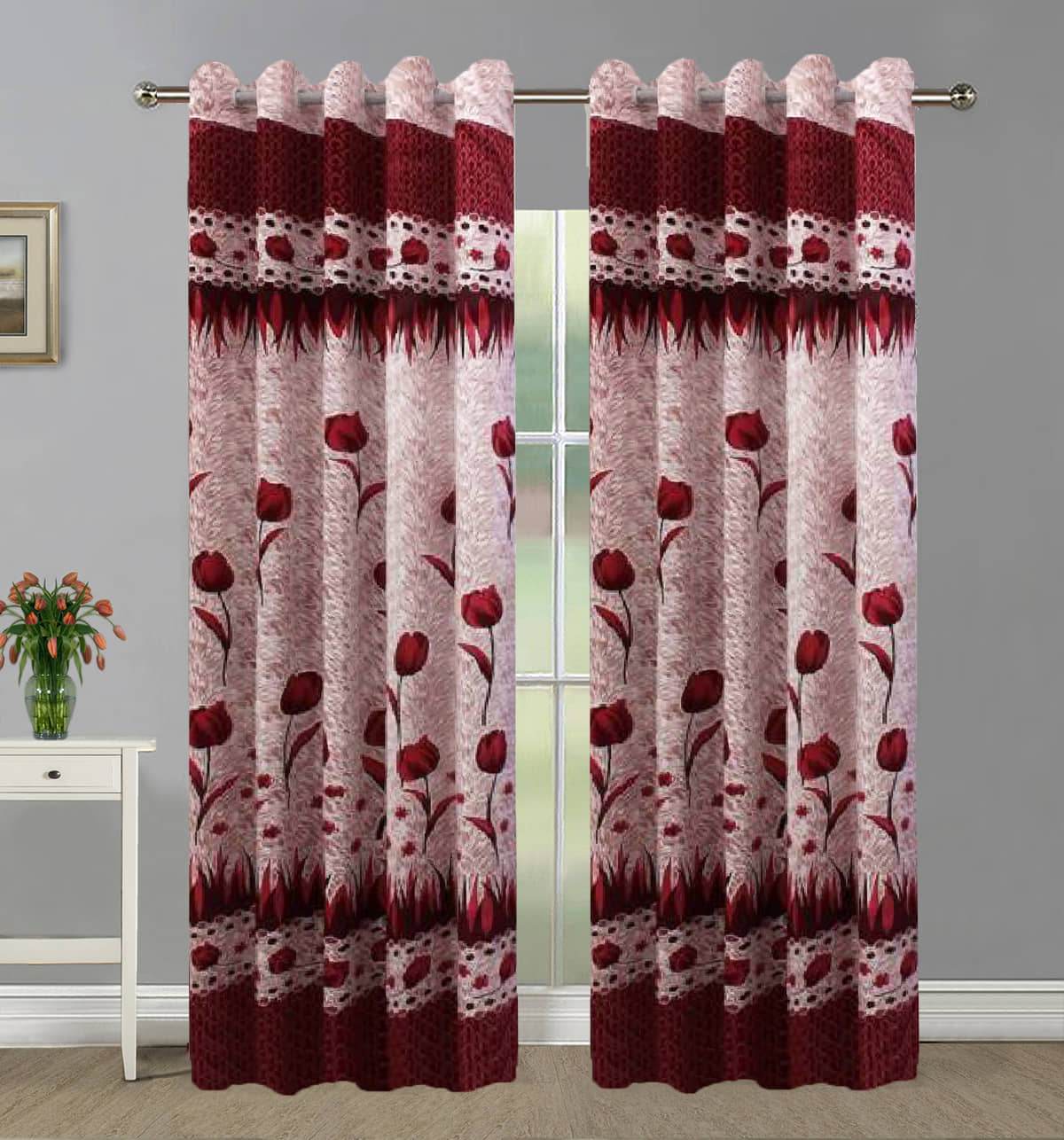 Home Candy Set of 2 Door Semi-Transparent Eyelet Polyester Maroon Curtains ( 213 x 120 cm )