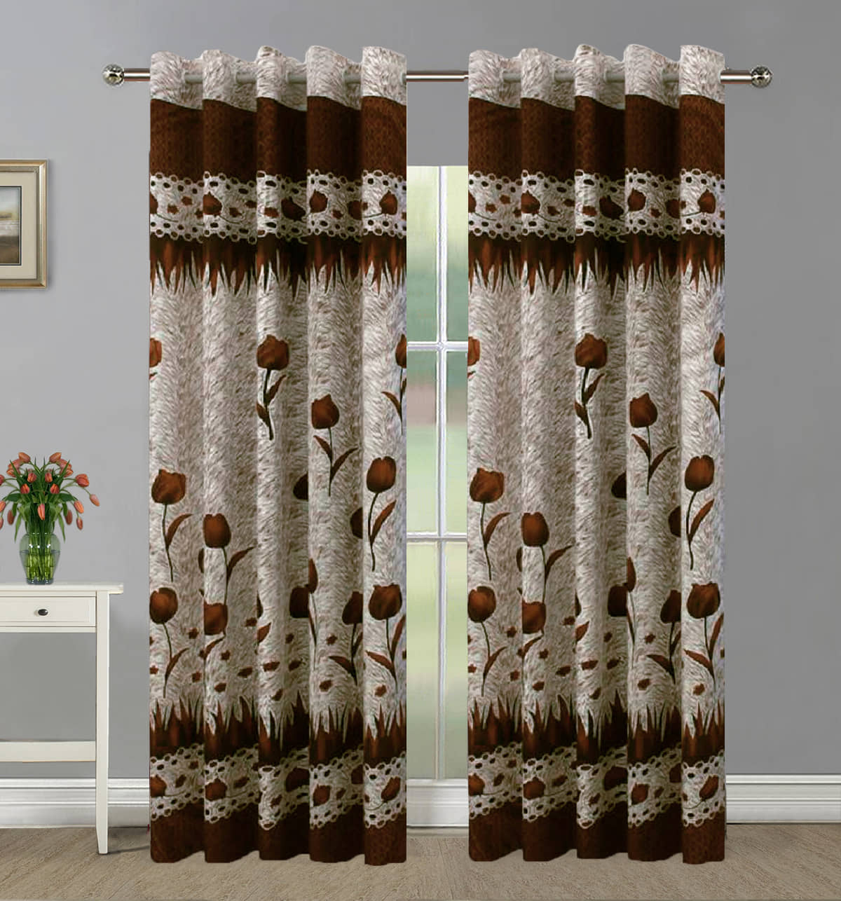 Home Candy Set of 2 Long Door Semi-Transparent Eyelet Polyester Brown Curtains ( 274 x 120 cm )