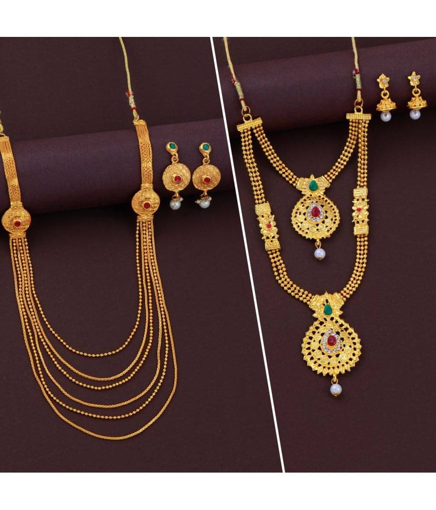     			ShreejiHuf Alloy Golden Traditional Necklaces Set Long Haram