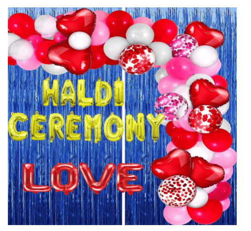     			Blooms Mall  Blue  Haldi Ceremony Decoration Items  Golden Foil Letters, Hearts, Balloons and Curtains | 62 Pcs Party Decoration for Marriage