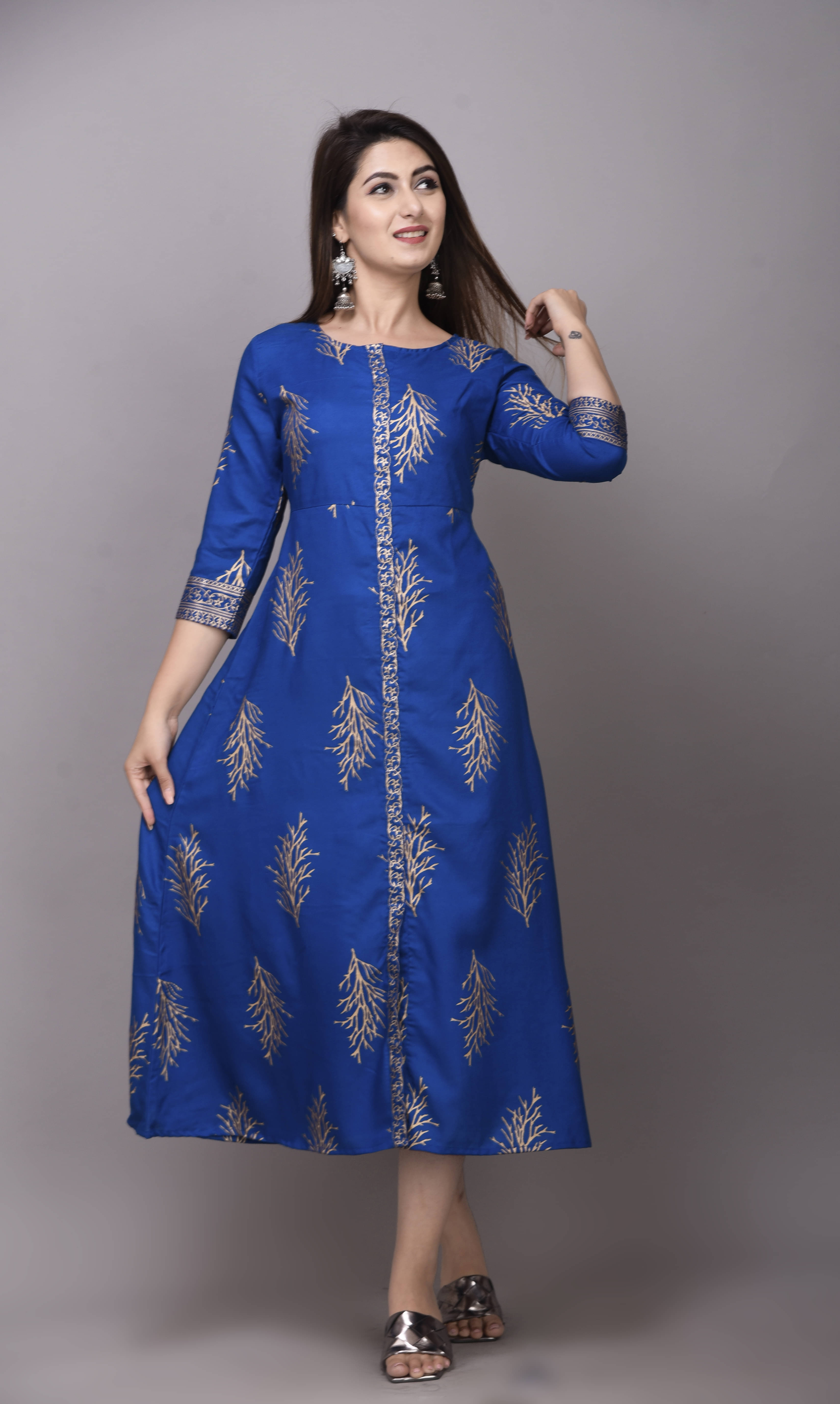 EXPORTHOUSE Women Rayon Ethnic Dress ( Turquoise ) EXPORTHOUSE Women Rayon Ethnic Dress ( Turquoise )