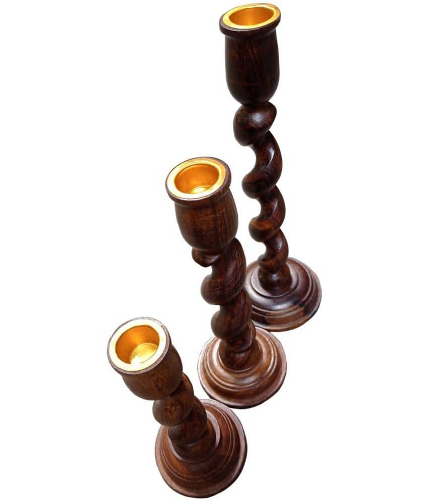 SWH Brown Table Top Wood Tea Light Holder - Pack of 3