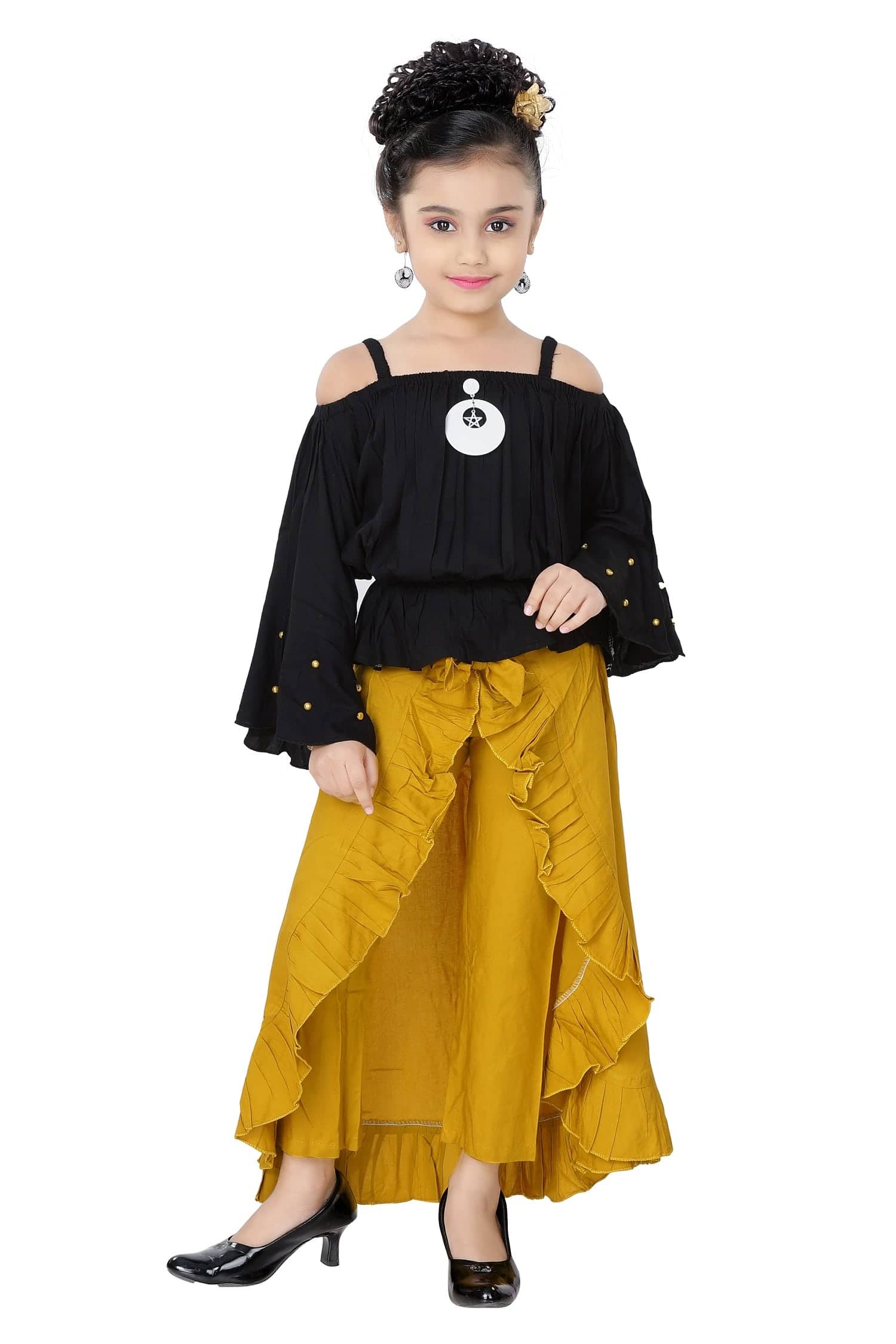 Cherry Tree Girls Cotton Blend Top With Skirt ( Yellow )