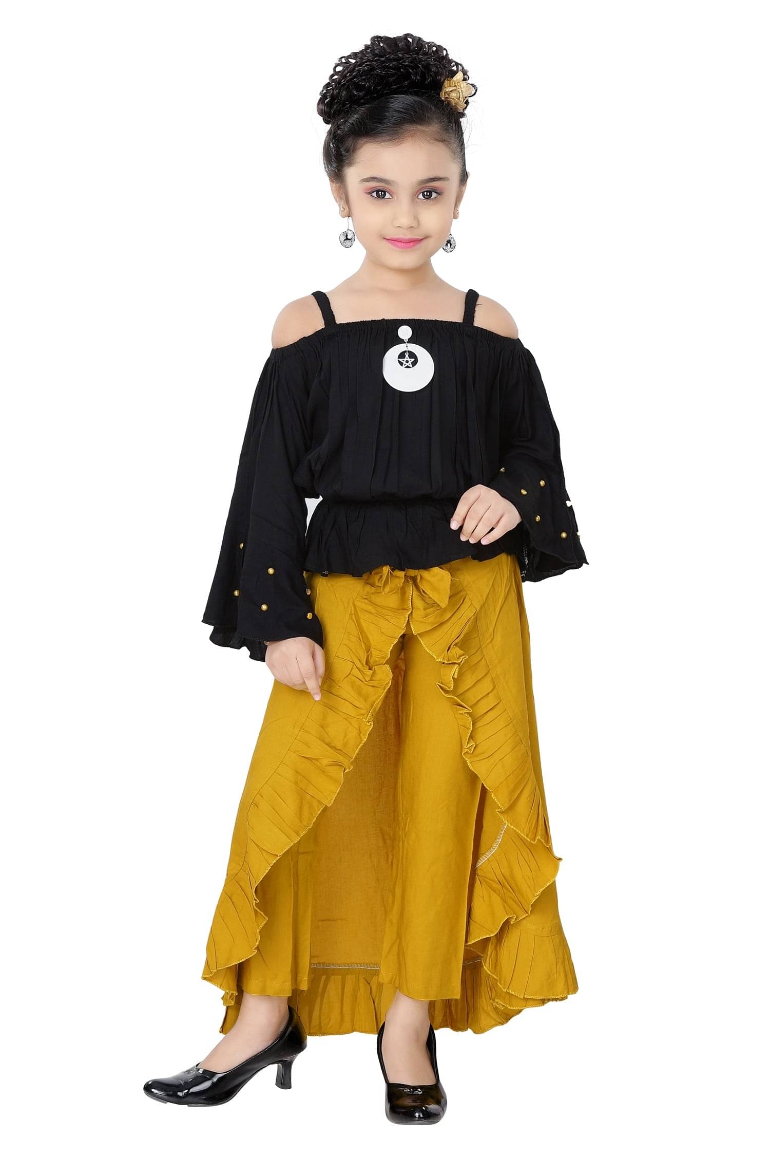     			Cherry Tree Girls Cotton Blend Top With Skirt ( Yellow )