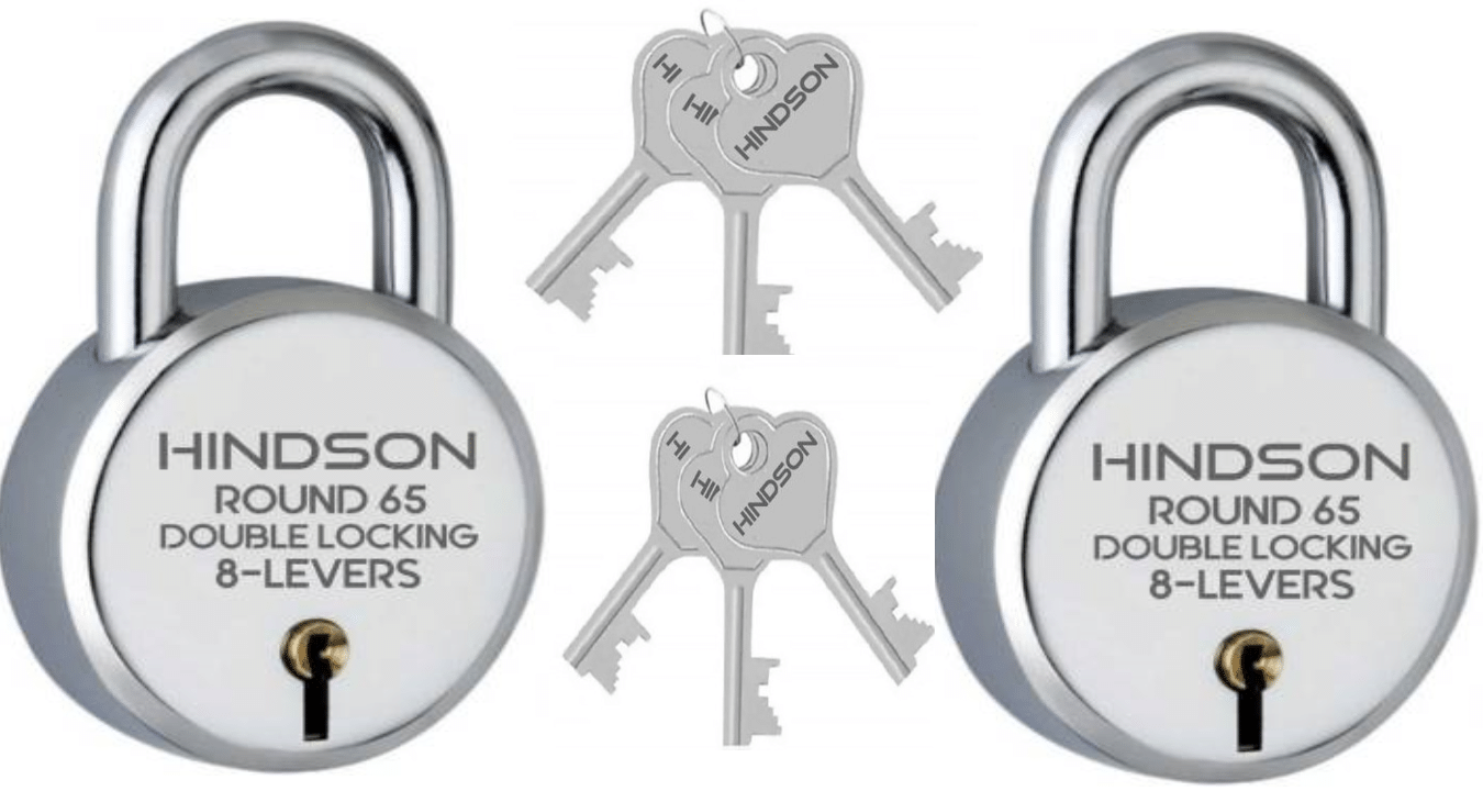HINDSON-Tools Hardware Lock Round 65mm with 3 Key, Steel Double Locking, 8 Lever Padlock/door lock for Door, Gate, Shutter, Home  ( Silver Finish, Pack of 2     			HINDSON-Tools Hardware Lock Round 65mm with 3 Key, Steel Double Locking, 8 Lever Padlock/door lock for Door, Gate, Shutter, Home  ( Silver Finish, Pack of 2