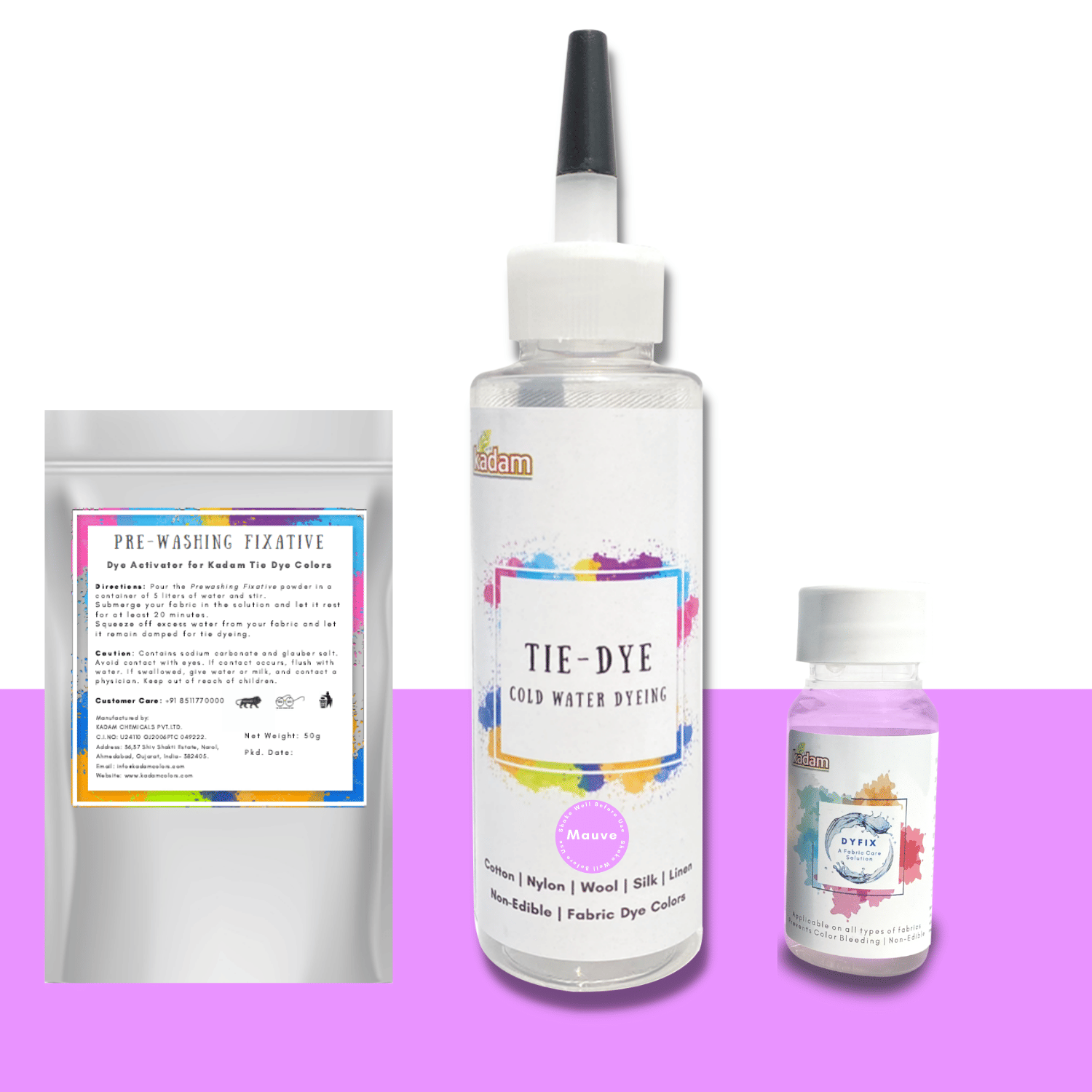     			Kadam Tie Dye Mauve, Cold Water Fabric Dye Color, 100mL Bottle with Prewashing Fixative mini and Free Kadam DyFix mini bottle