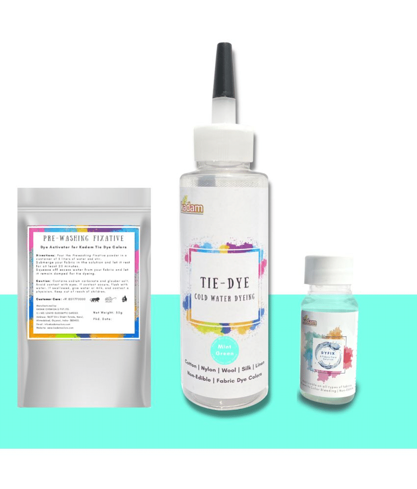 Kadam Tie Dye Mint Green, Cold Water Fabric Dye Color, 100mL Bottle with Prewashing Fixative mini and Free Kadam DyFix mini bottle Kadam Tie Dye Mint Green, Cold Water Fabric Dye Color, 100mL Bottle with Prewashing Fixative mini and Free Kadam DyFix mini bottle