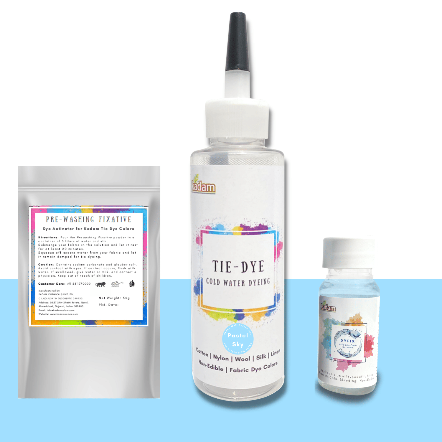 Kadam Tie Dye Pastel Sky, Cold Water Fabric Dye Color, 100mL Bottle with Prewashing Fixative mini and Free Kadam DyFix mini bottle