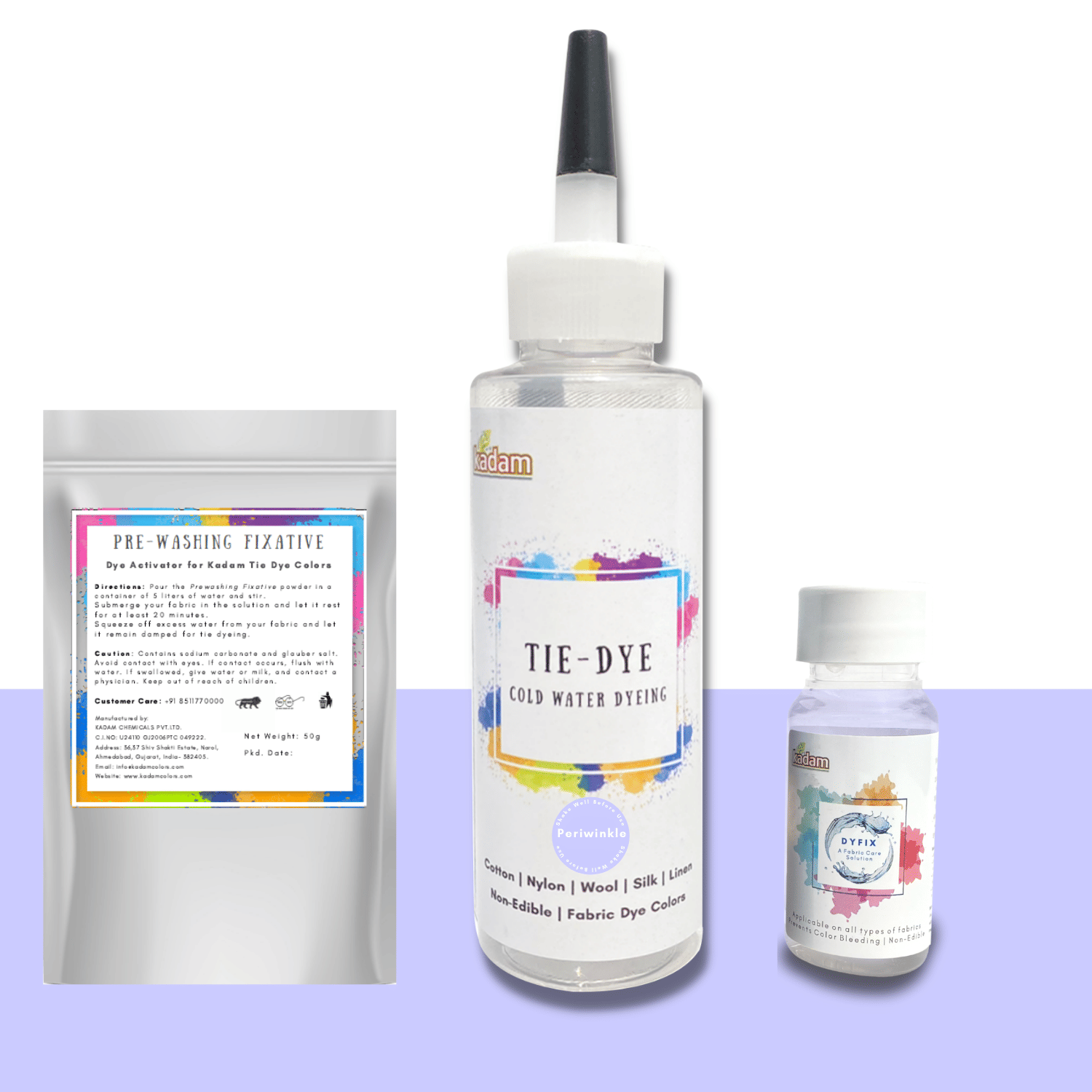 Kadam Tie Dye Periwinkle, Cold Water Fabric Dye Color, 100mL Bottle with Prewashing Fixative mini and Free Kadam DyFix mini bottle