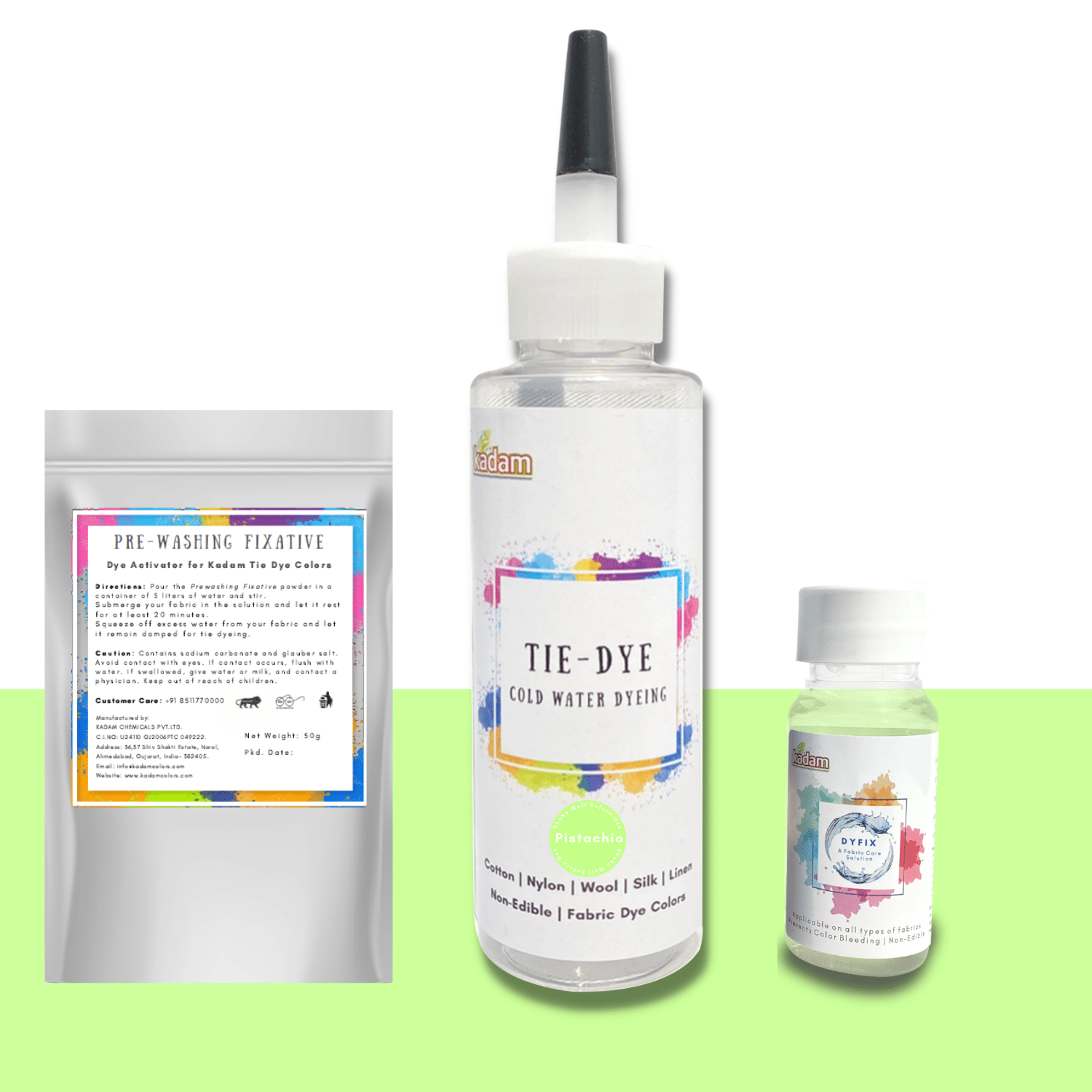 Kadam Tie Dye Pistachio, Cold Water Fabric Dye Color, 100mL Bottle with Prewashing Fixative mini and Free Kadam DyFix mini bottle     			Kadam Tie Dye Pistachio, Cold Water Fabric Dye Color, 100mL Bottle with Prewashing Fixative mini and Free Kadam DyFix mini bottle