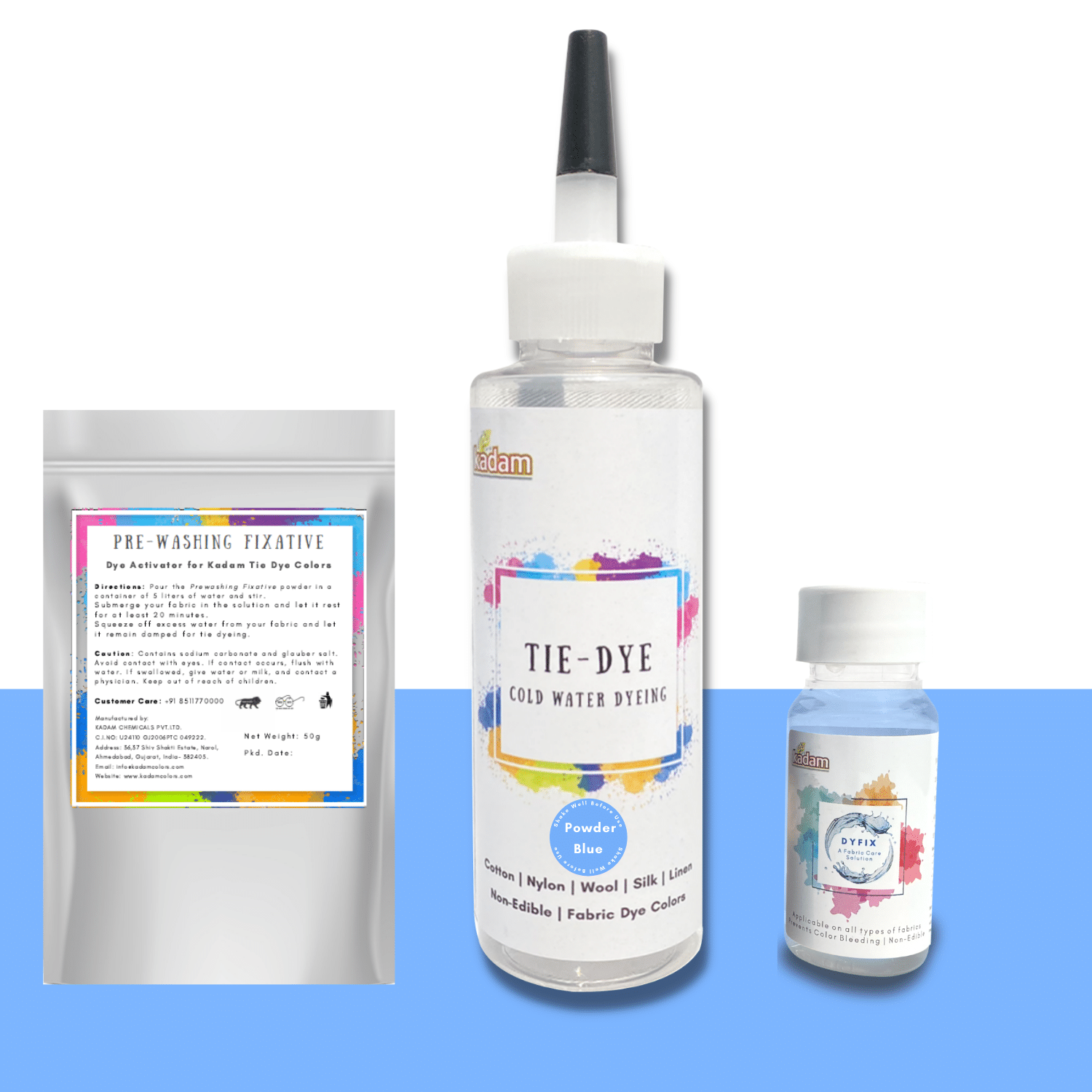     			Kadam Tie Dye Powder Blue, Cold Water Fabric Dye Color, 100mL Bottle with Prewashing Fixative mini and Free Kadam DyFix mini bottle