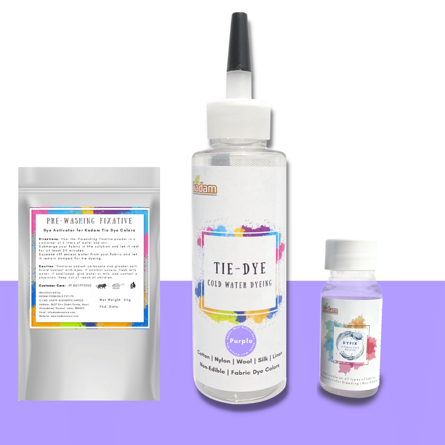     			Kadam Tie Dye Purple, Cold Water Fabric Dye Color, 100mL Bottle with Prewashing Fixative mini and Free Kadam DyFix mini bottle