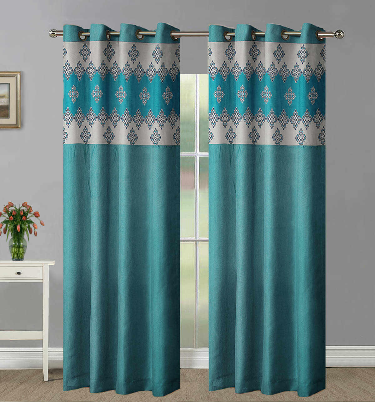     			Home Candy Set of 2 Door Semi-Transparent Eyelet Polyester Blue Curtains ( 213 x 120 cm )